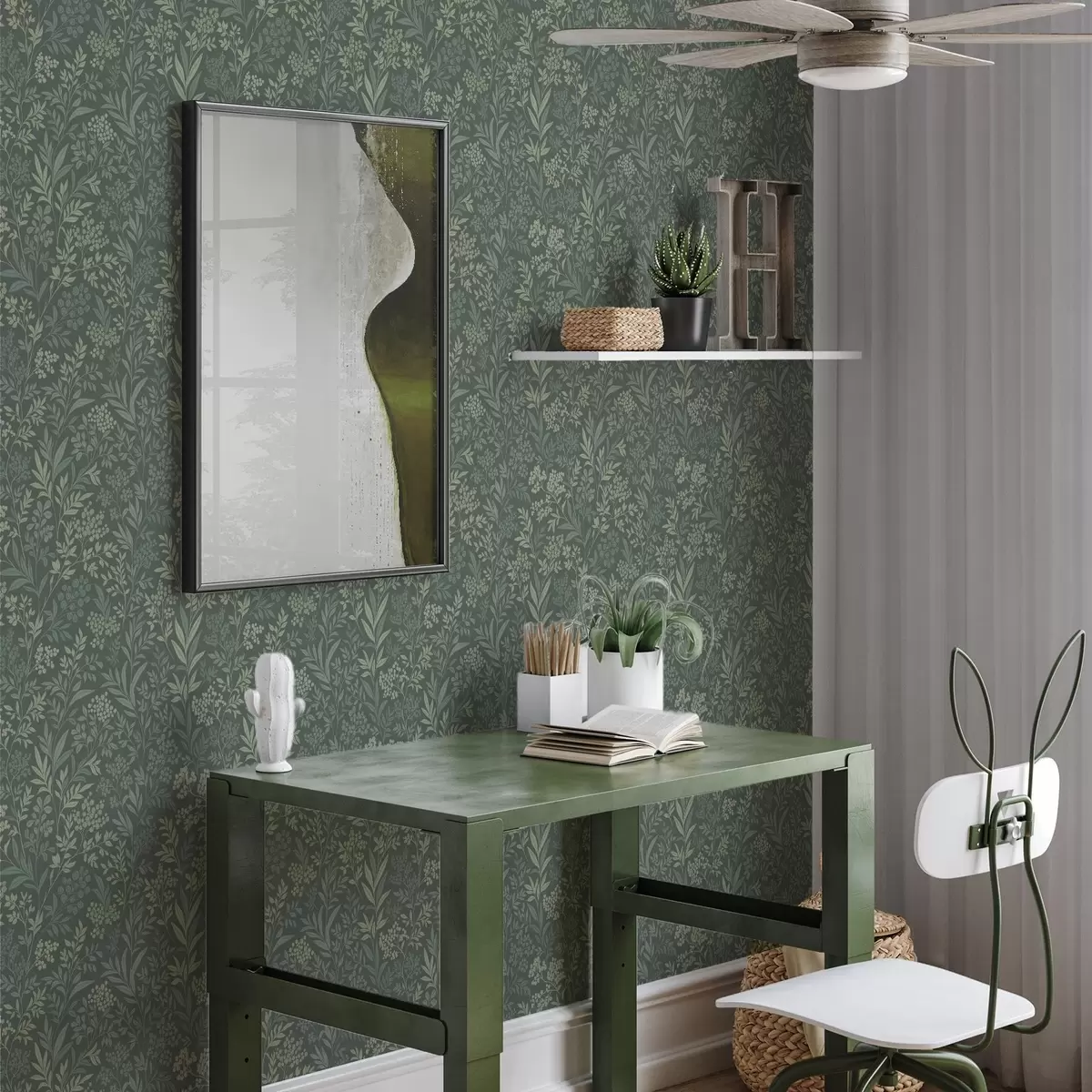 Papel pintado Hierbas y bayas esmeralda, delicado diseño botánico a00740