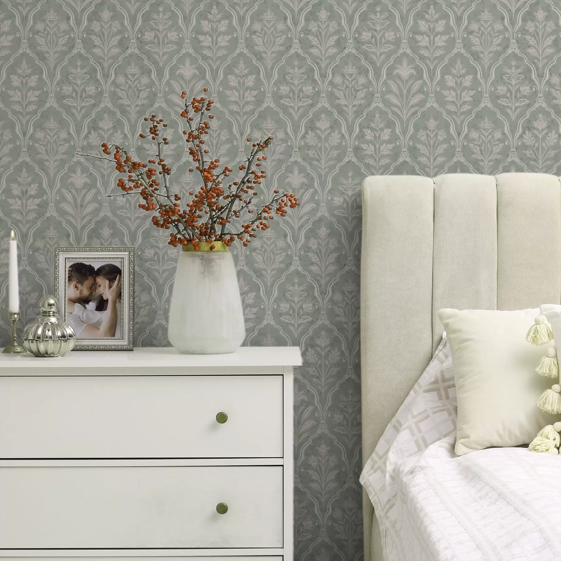 murales de pared Damasco menta con finos medallones florales a00741