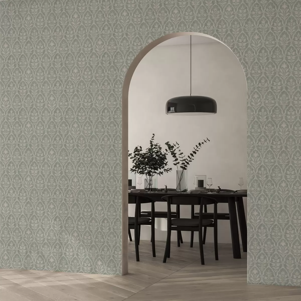 Papel pintado Damasco menta con finos medallones florales a00741