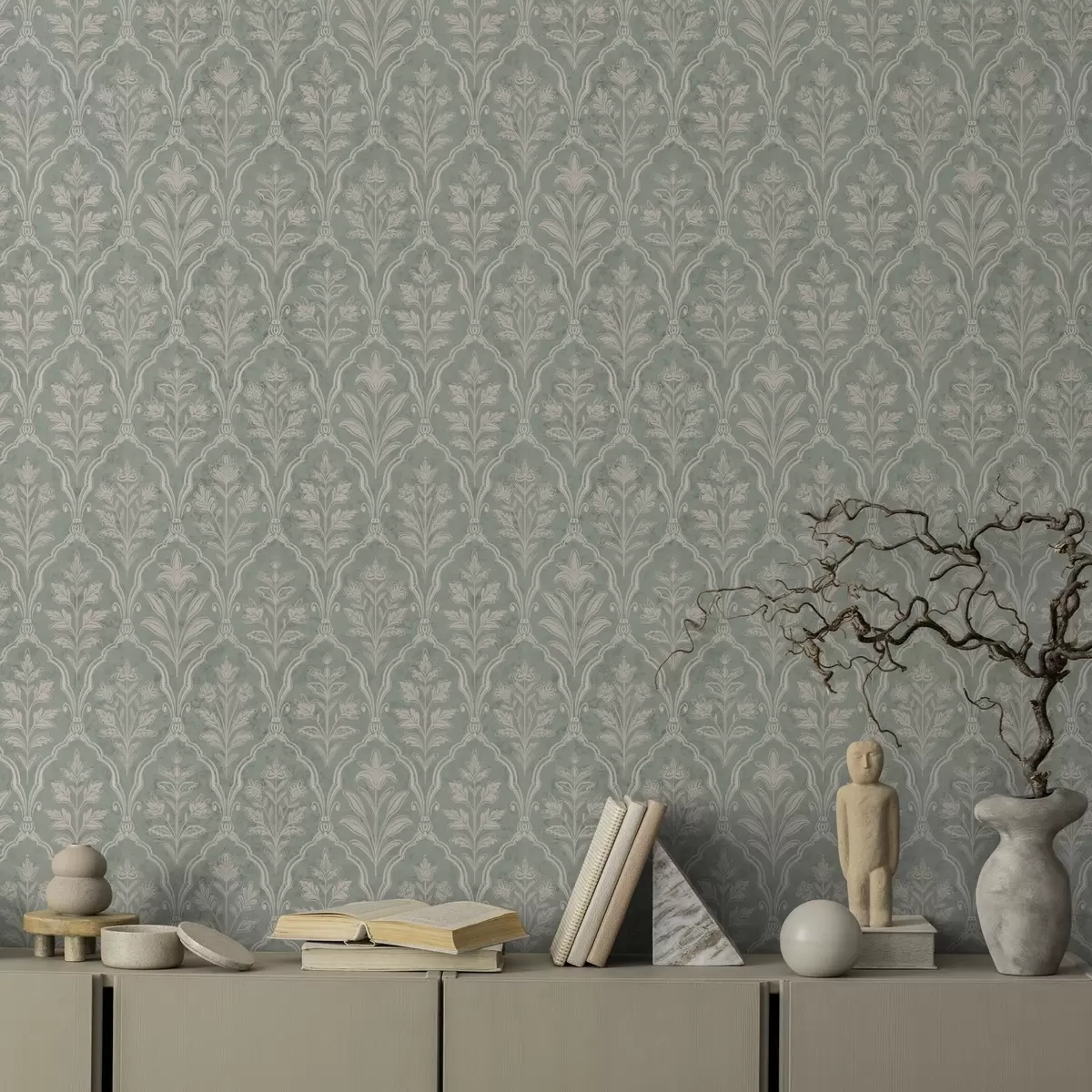 Papel pintado Damasco menta con finos medallones florales a00741