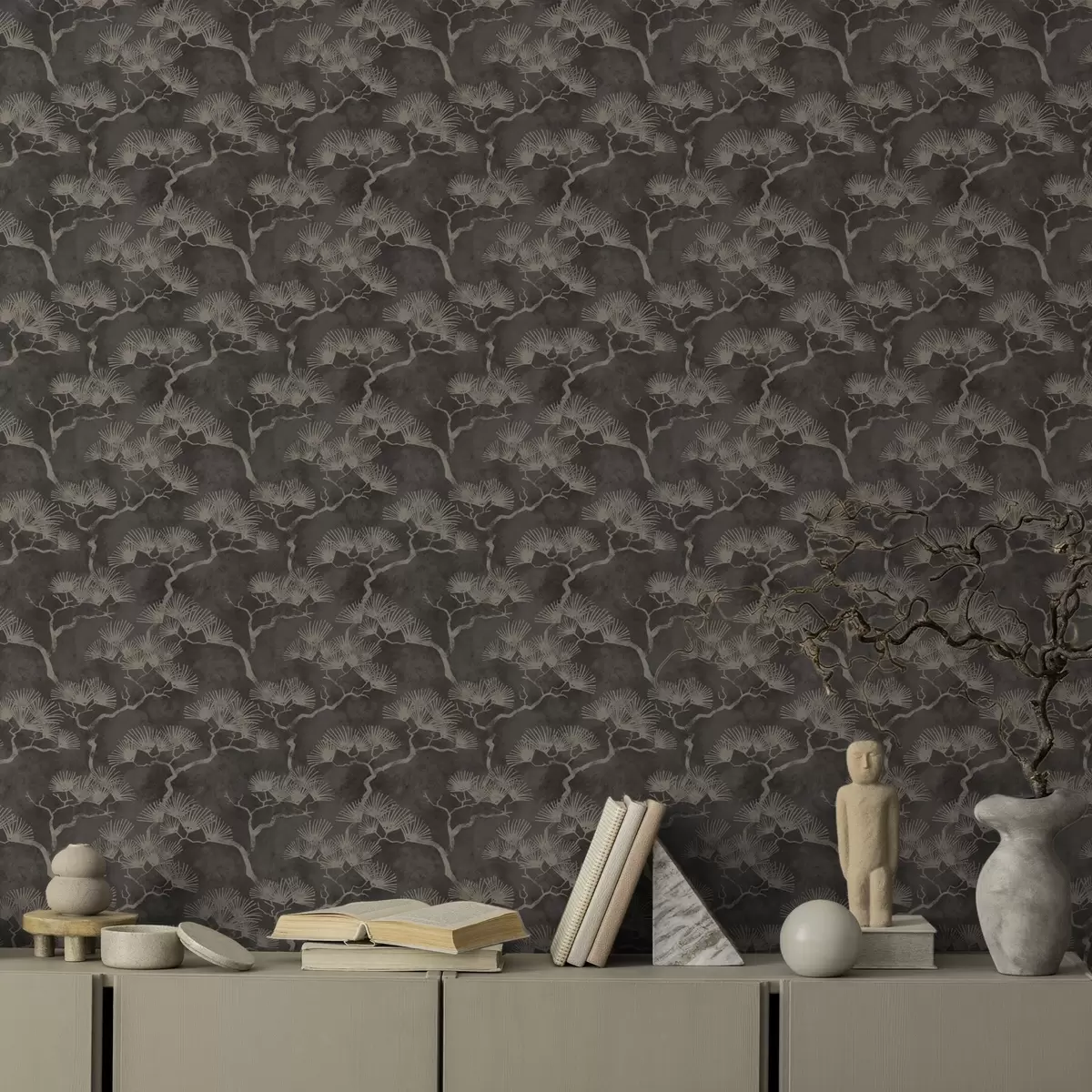 Papel pintado Siluetas de pinos sobre fondo oscuro, textura brumosa a00742