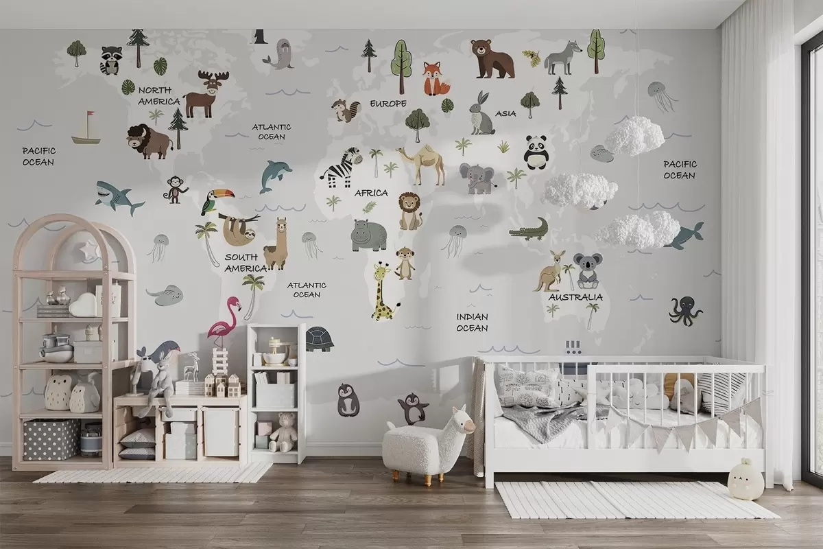 murales de pared Mapa del mundo con animales w04663