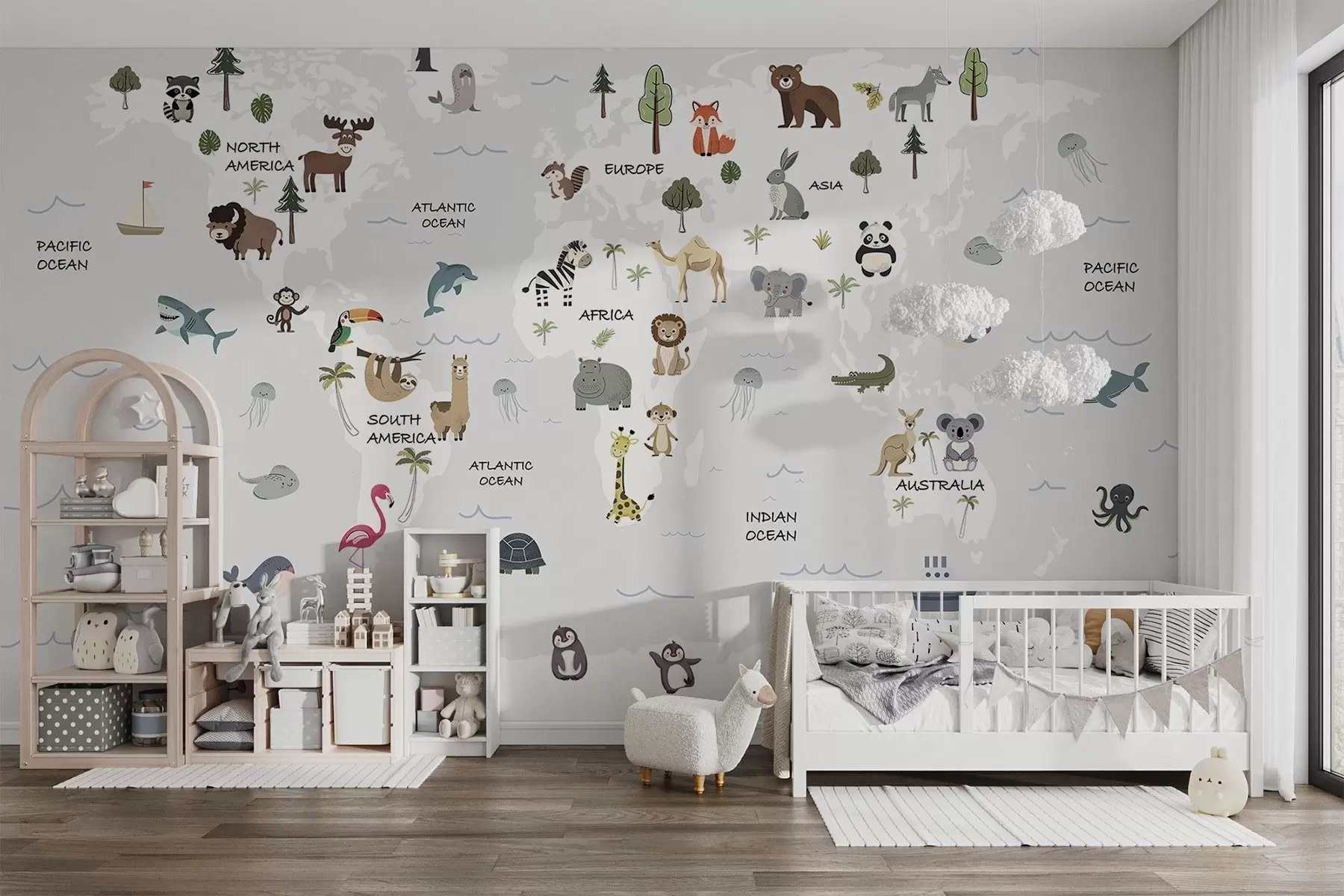 murales de pared Mapa del mundo con animales w04663