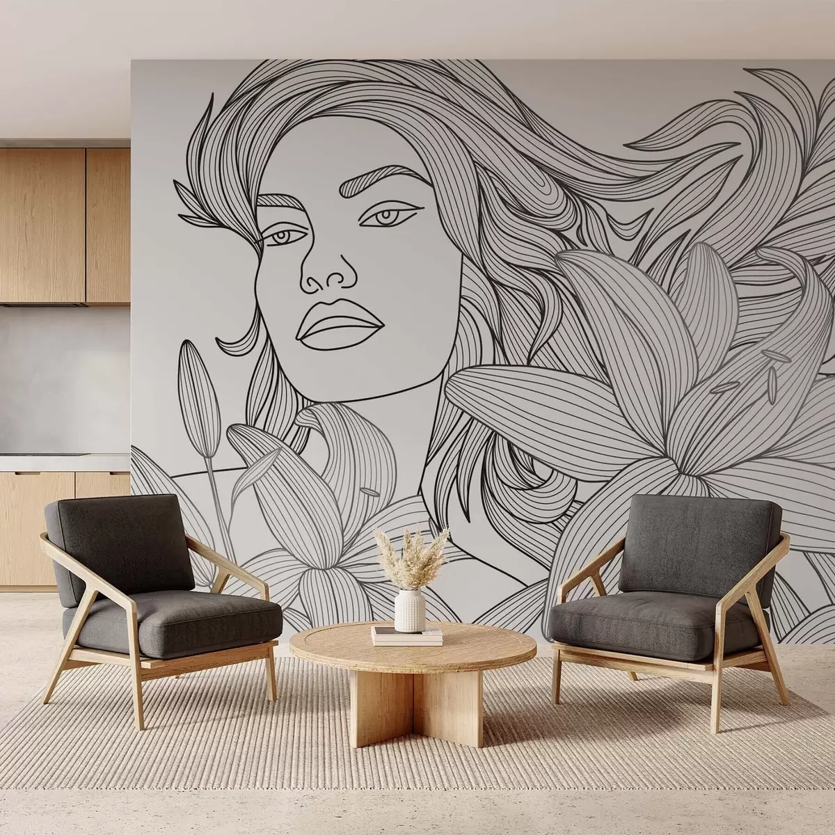 murales de pared Retrato de una niña entre flores de lirio w04689