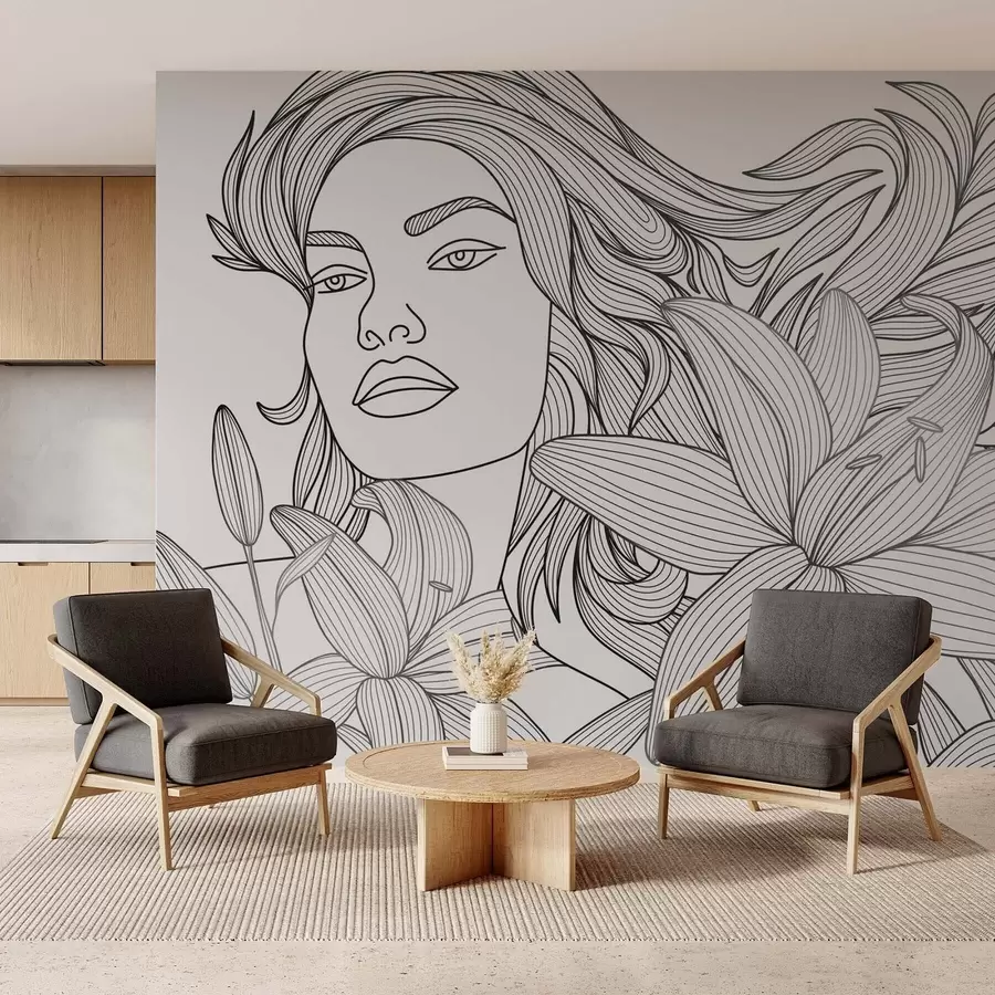 murales de pared Retrato de una niña entre flores de lirio w04689