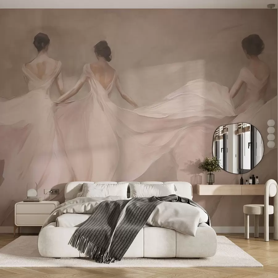 murales de pared Tres mujeres con vestidos rosas, tela fluida, suavidad w04709