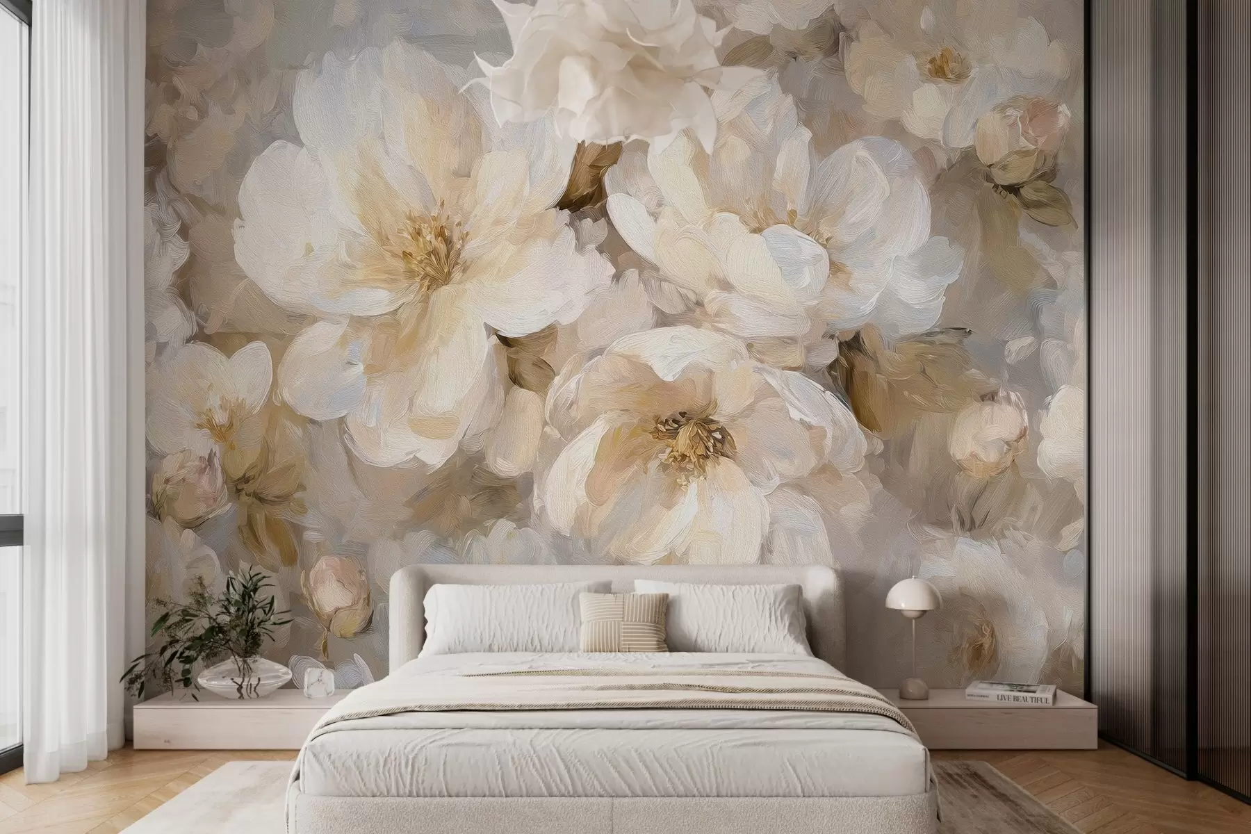 murales de pared flores grandes en tonos blancos y beige al estilo de la pintura al óleo w04633