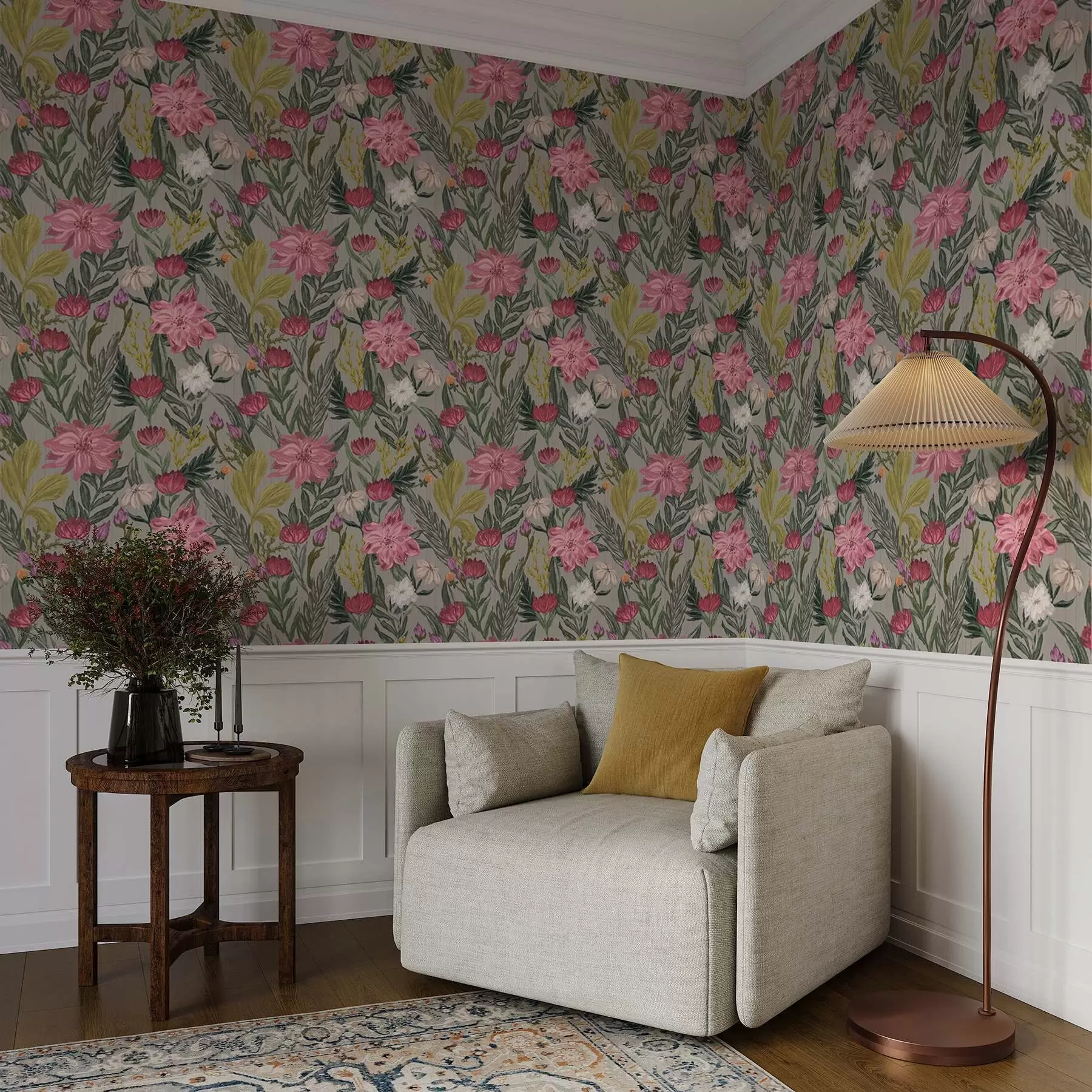 murales de pared Exuberantes flores rosas y crema sobre fondo gris, textura impasto a00629