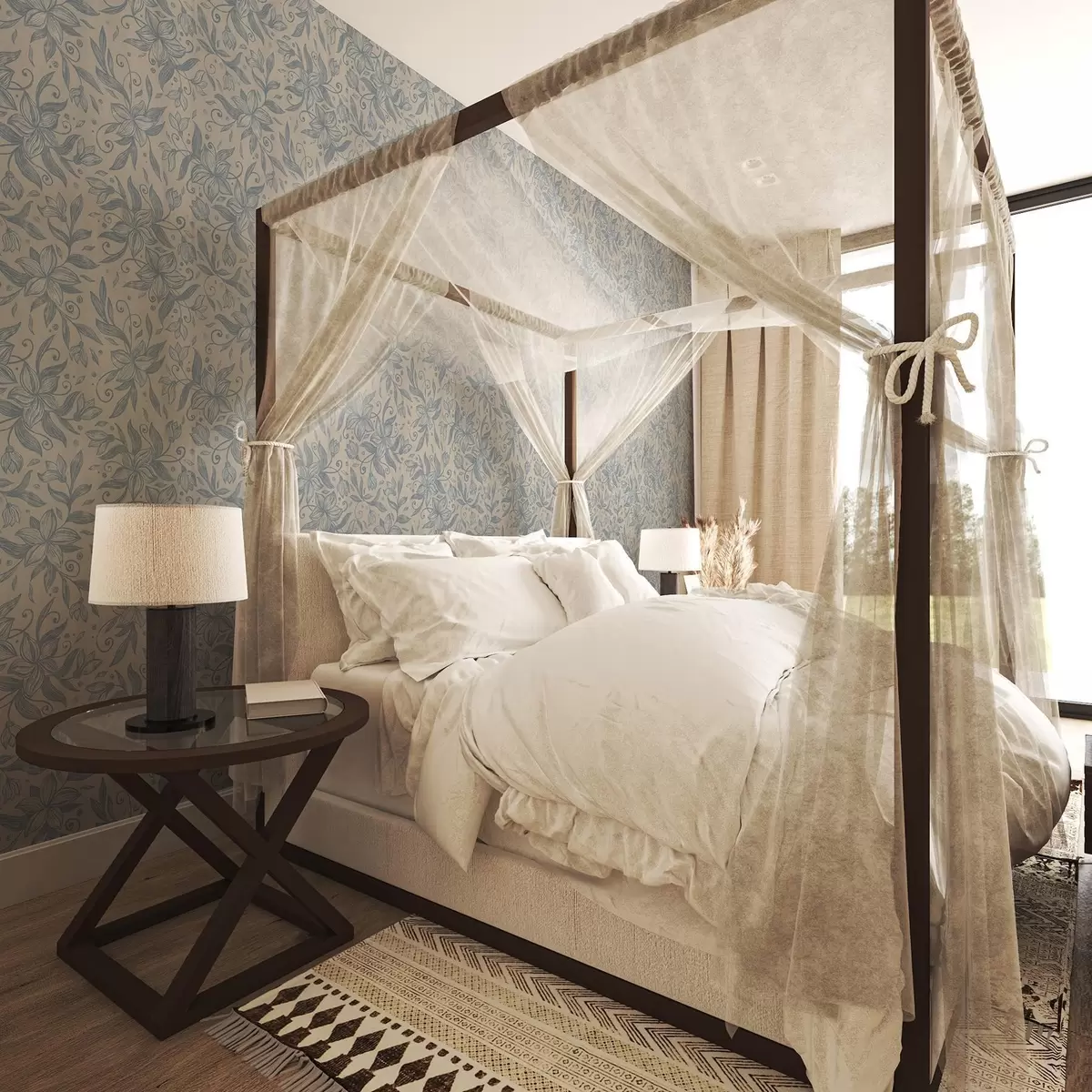 Papel pintado Estampado floral lineal azul sobre fondo beige cálido a00630v2