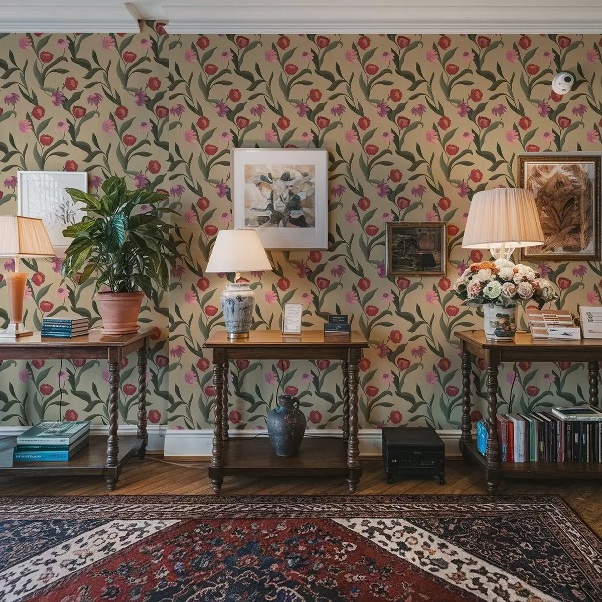 Papel pintado Flores de color rosa rojizo sobre fondo beige, textura dibujada a mano a00631