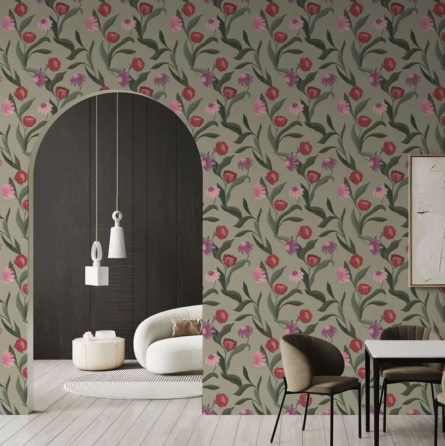 murales de pared Flores de color rosa rojizo sobre fondo oliva, textura de lienzo a00631v1