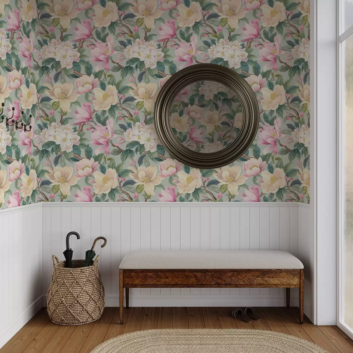 Papel pintado Magnolias y flores blancas sobre fondo gris menta a00644