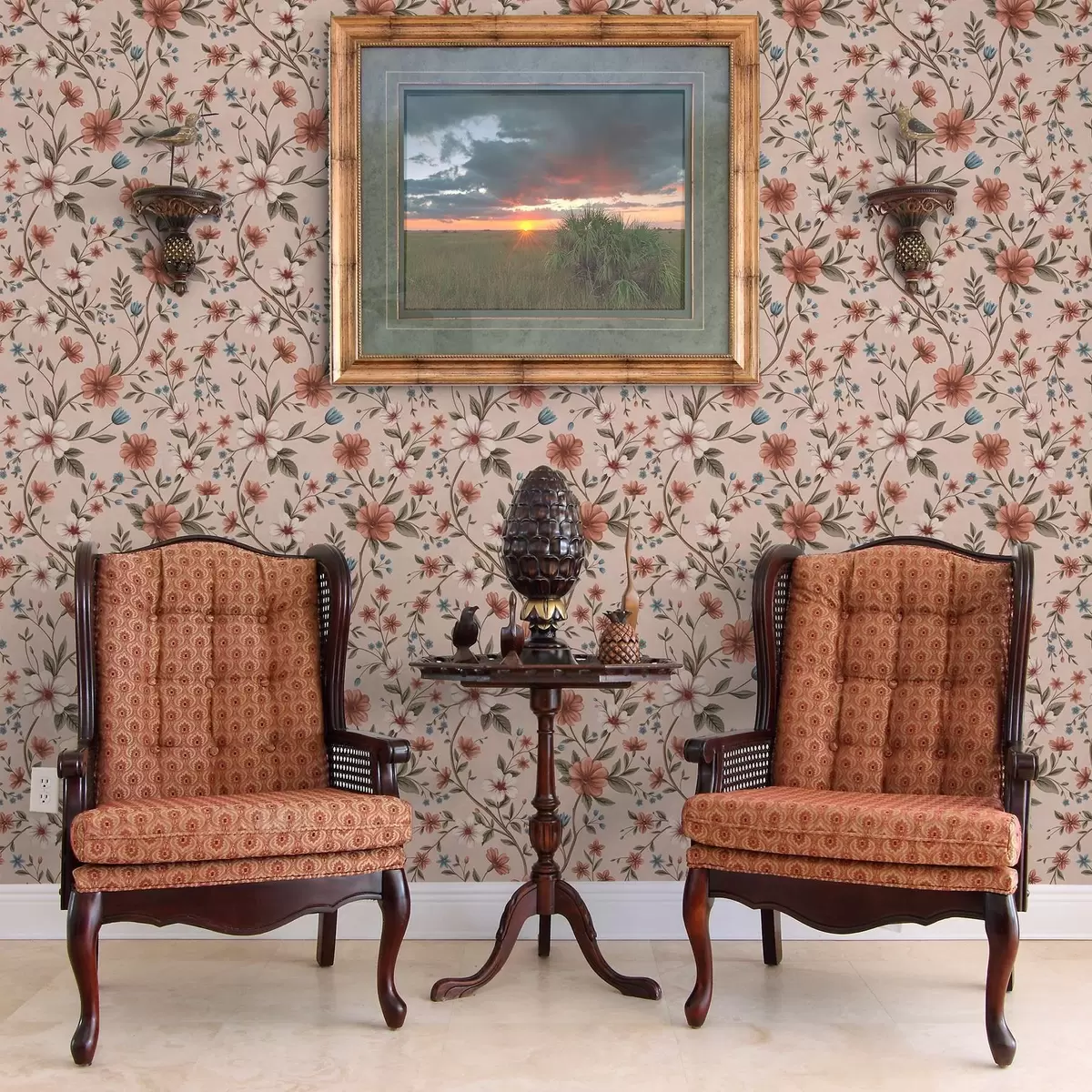 Papel pintado Flores y follaje de color rosa coral sobre fondo rosa empolvado a00667