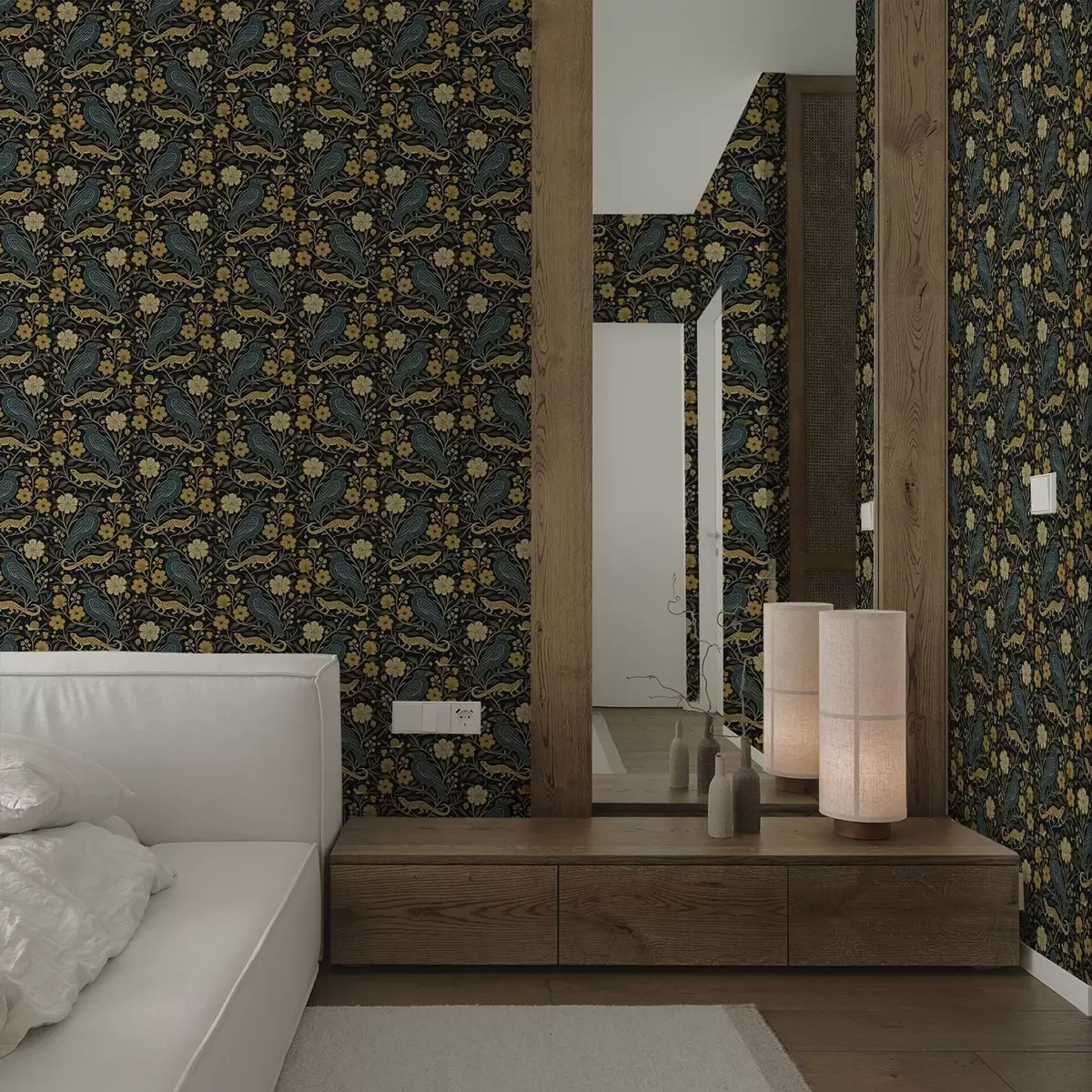 Papel pintado Pájaros, lagartos y caracoles entre flores sobre un fondo oscuro a00691