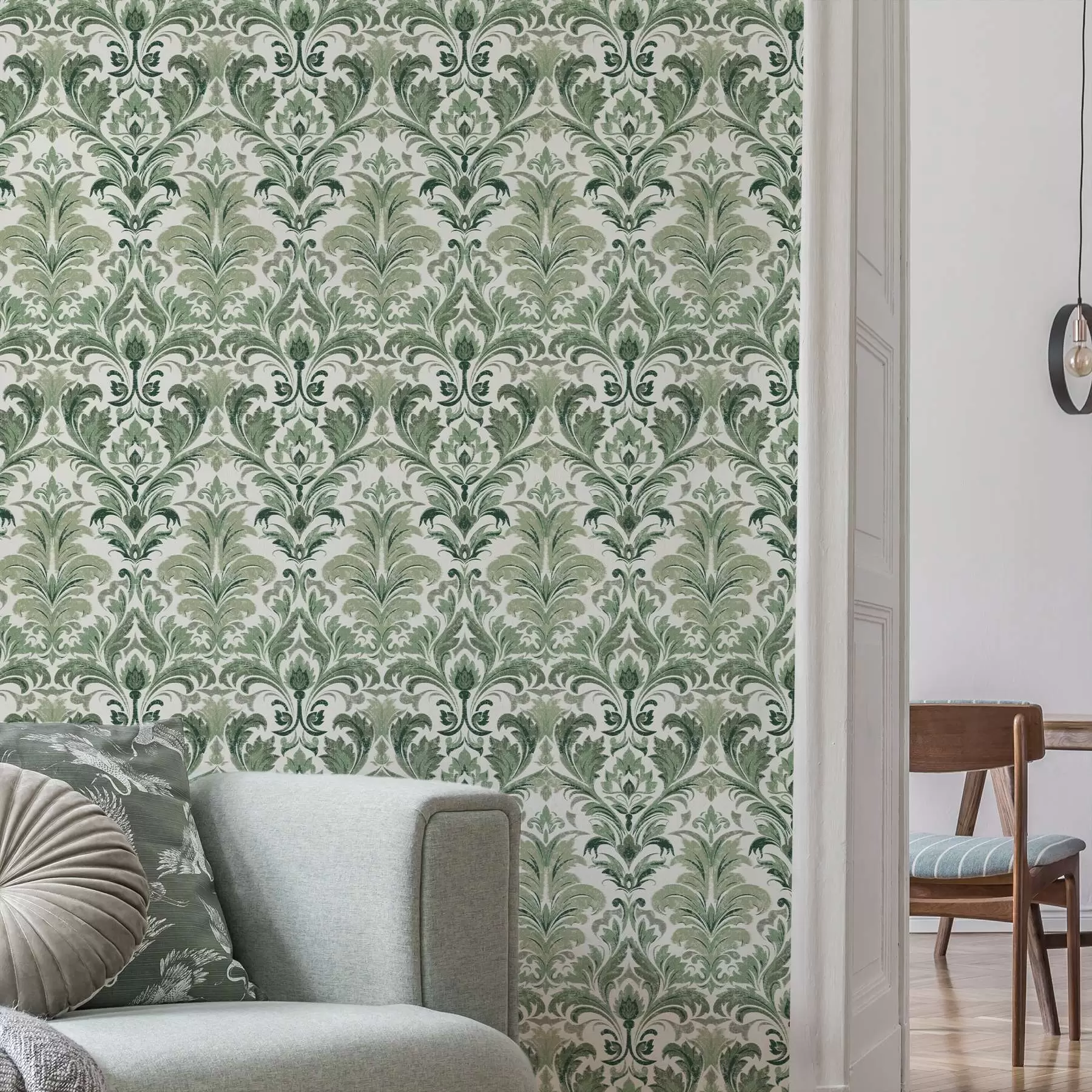 murales de pared Damasco verde con textura en relieve sobre fondo claro a00692