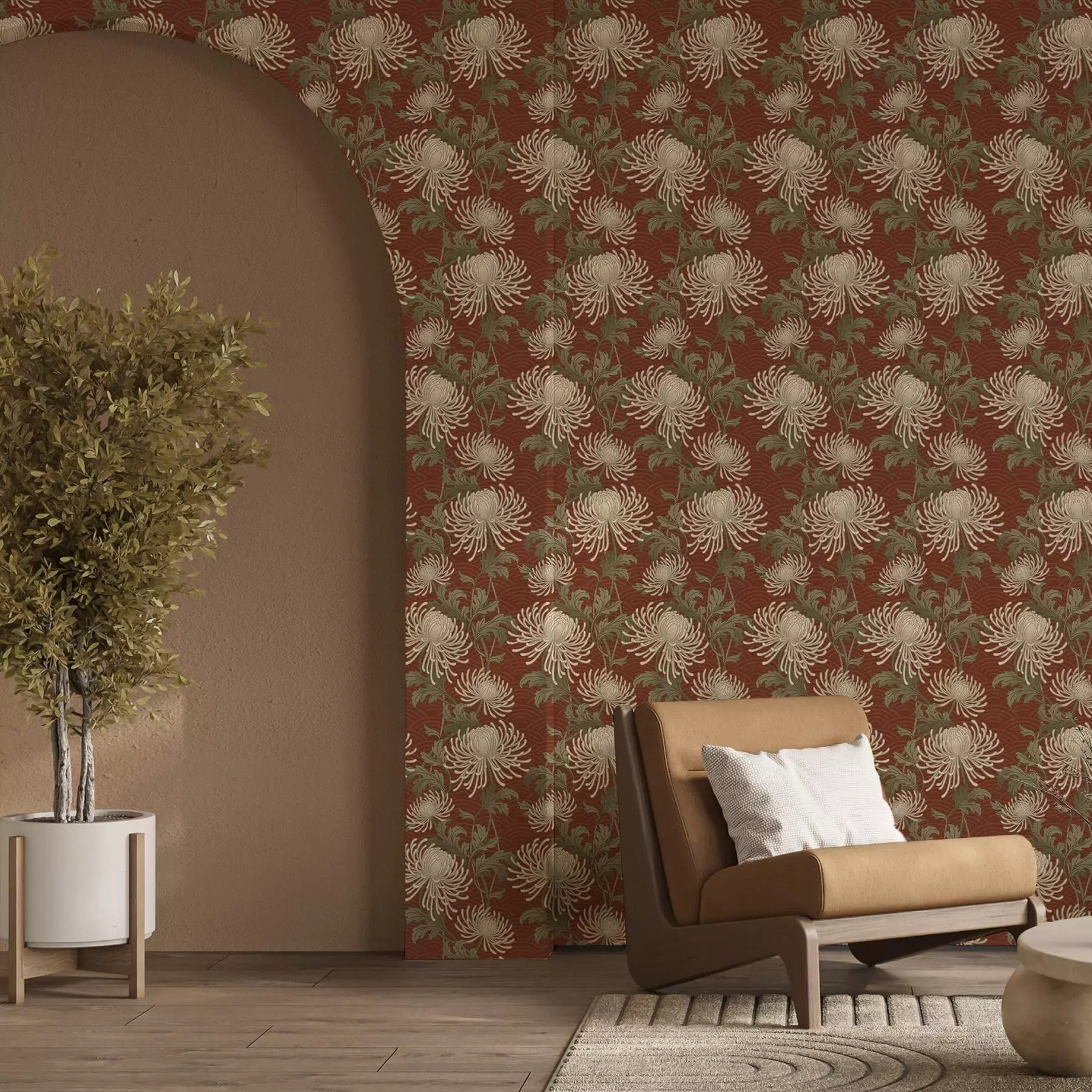 murales de pared Crisantemos color crema sobre fondo terracota, estilo asiático a00693