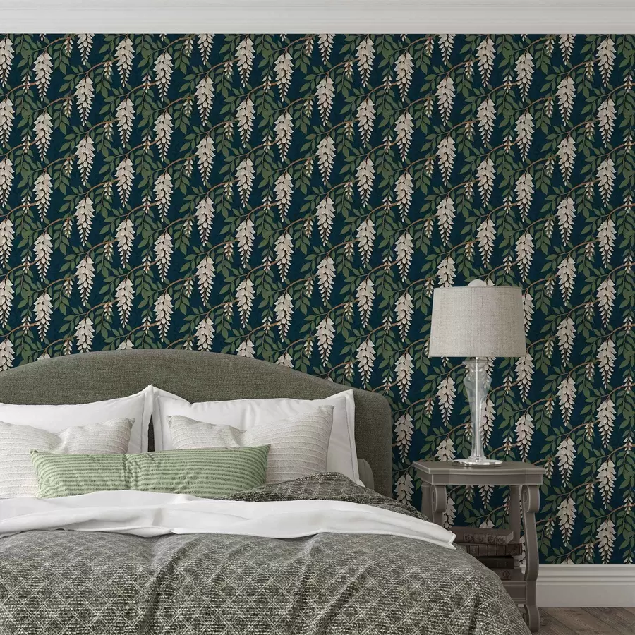 murales de pared Glicinia marfil sobre fondo verde azulado intenso a00694v1