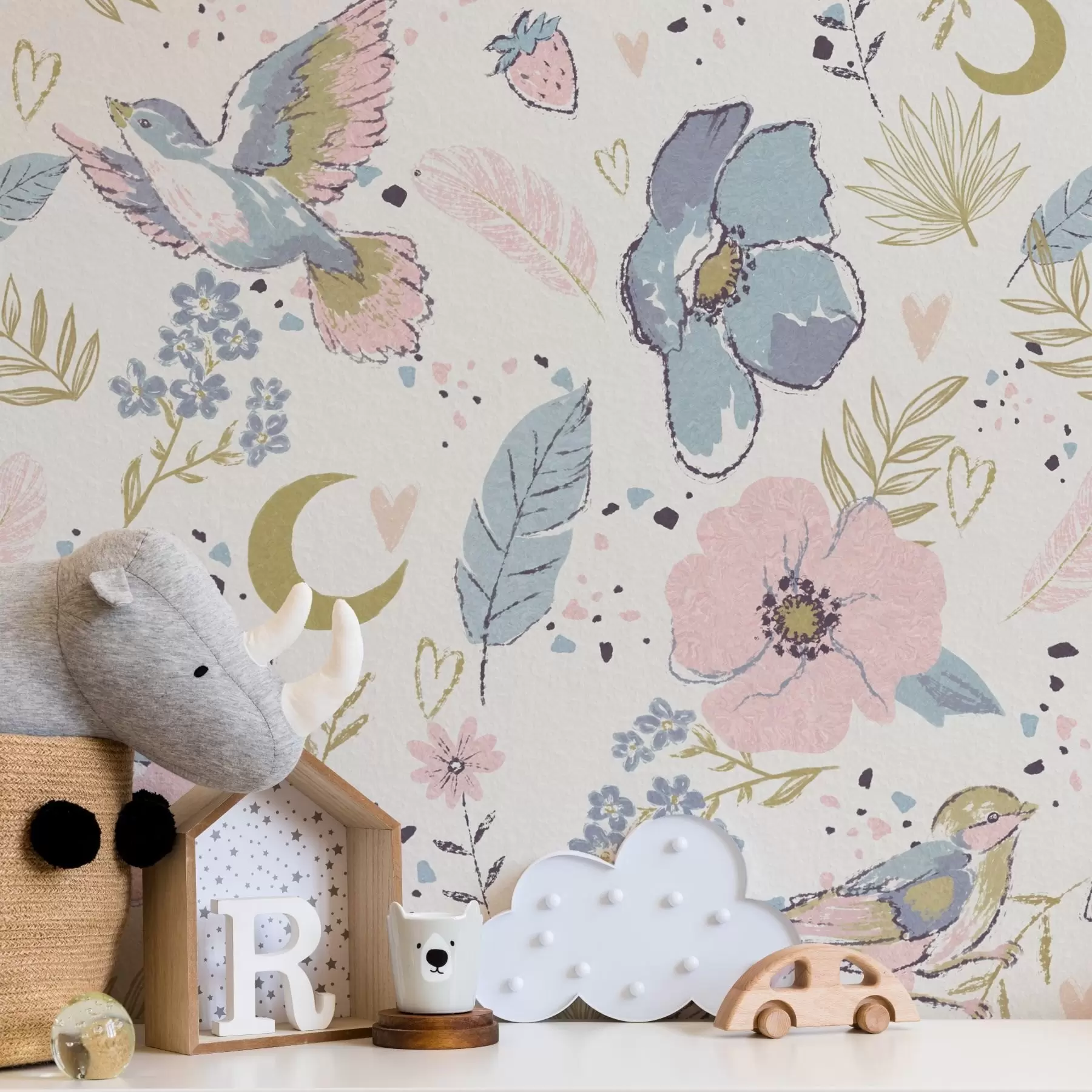 murales de pared Aves y flores en tonos pastel con lunas crecientes sobre fondo blanco a00721