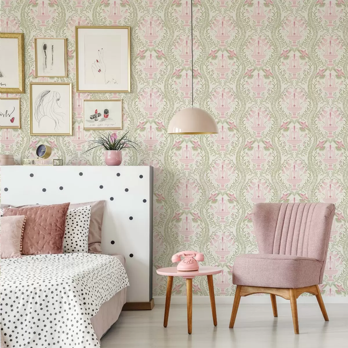 Papel pintado Fuentes, colibríes y volutas verdes sobre fondo claro a00723