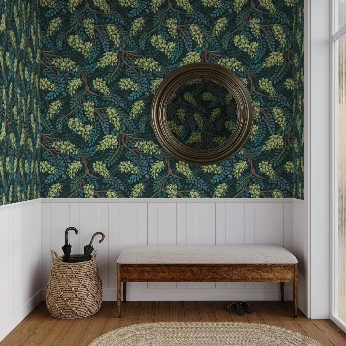 Papel pintado Ramas con inflorescencias verdosas sobre fondo oscuro a00786