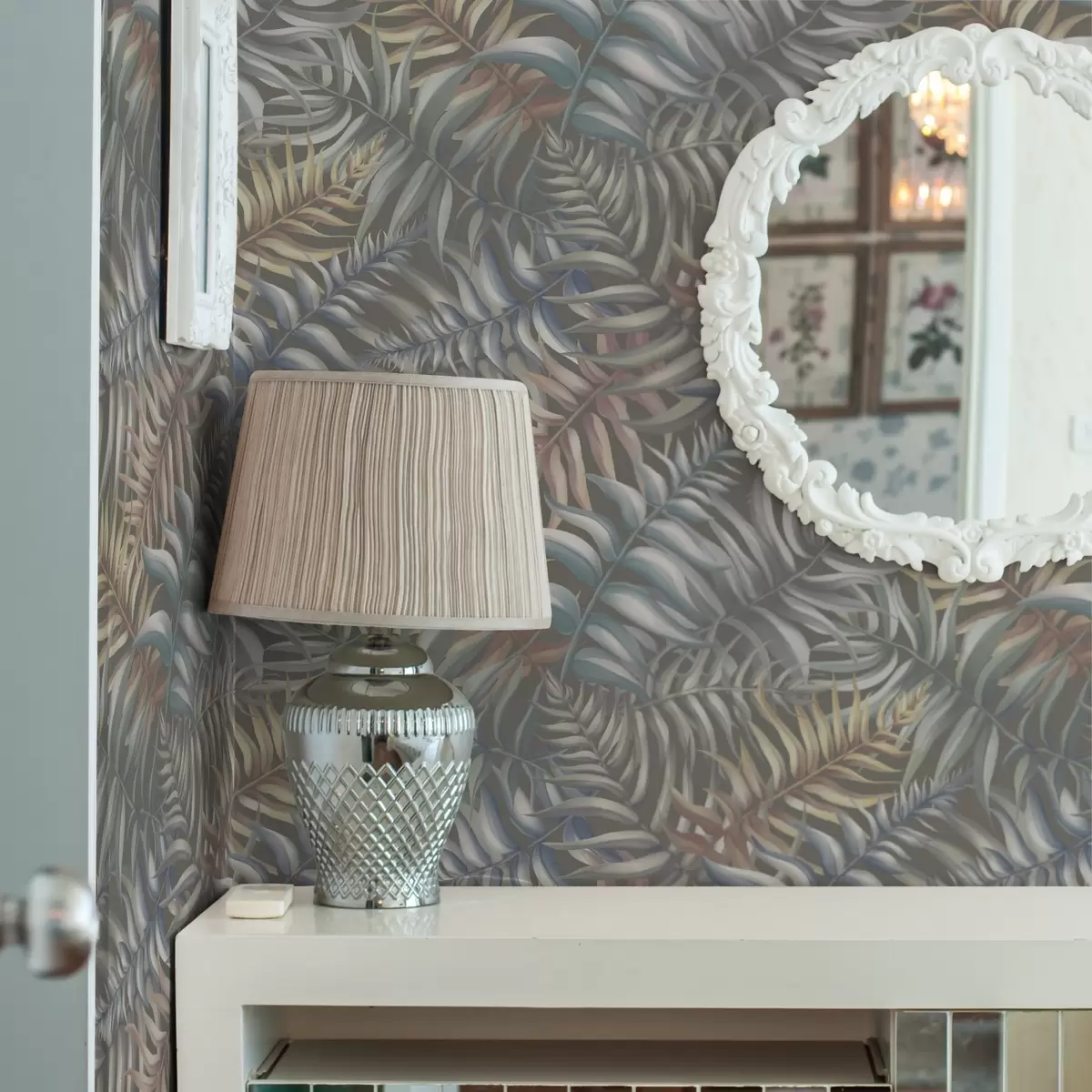 Papel pintado Hojas de palmera en capas en tonos apagados a00789