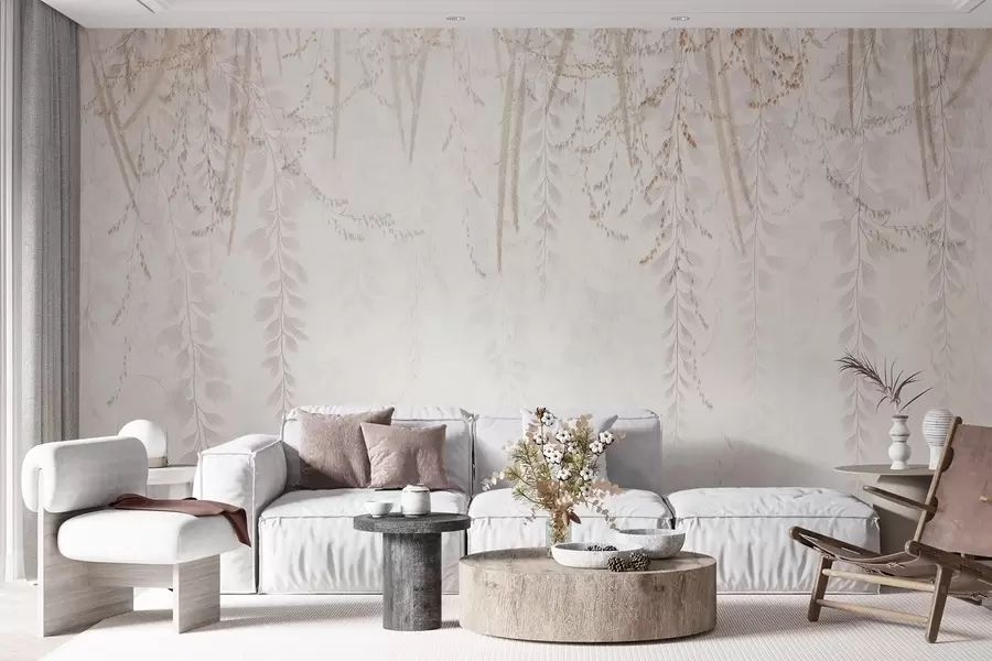 murales de pared Hojas y ramas ligeras colgantes en tonos beige w09433
