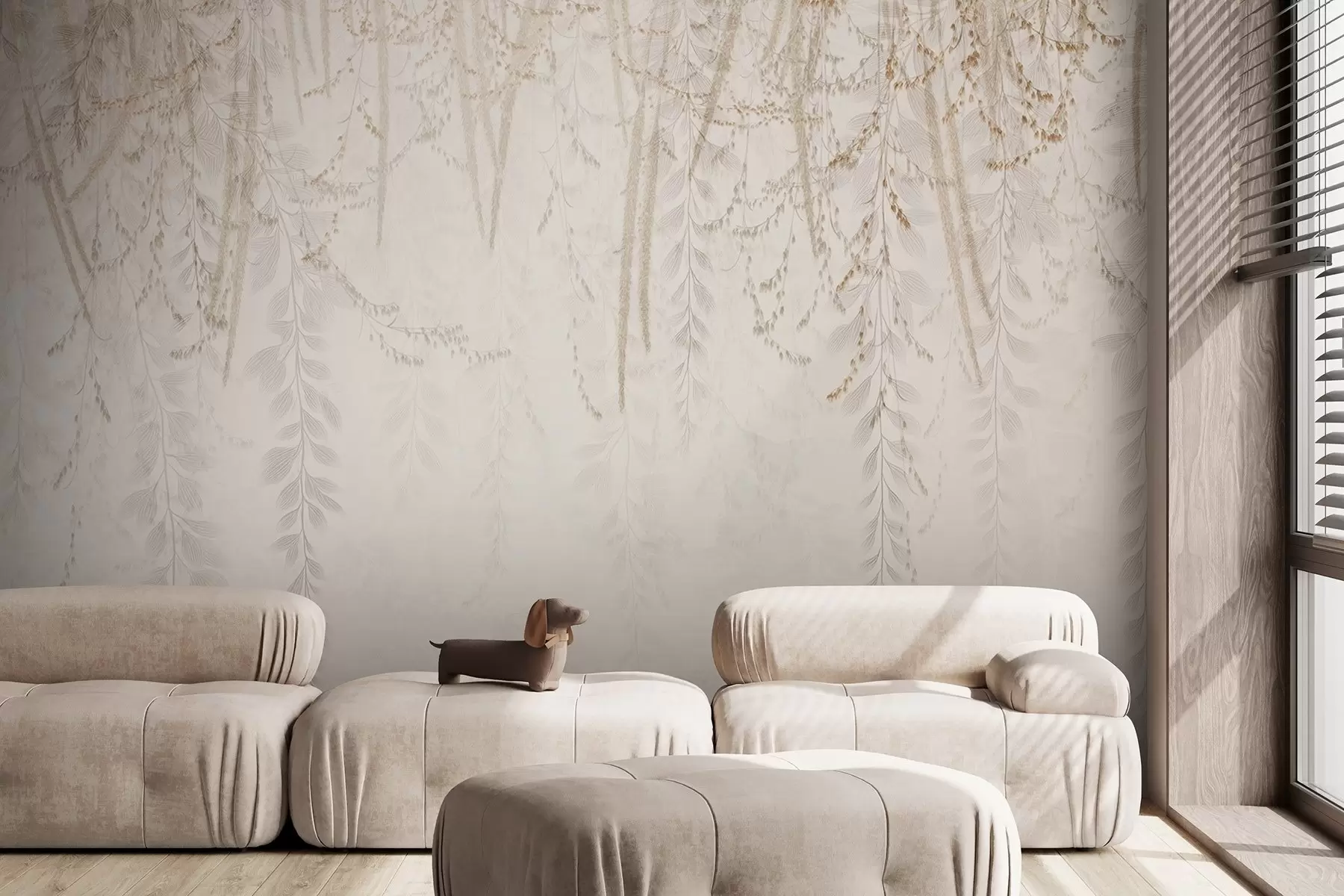 murales de pared Hojas y ramas ligeras colgantes en tonos beige w09433