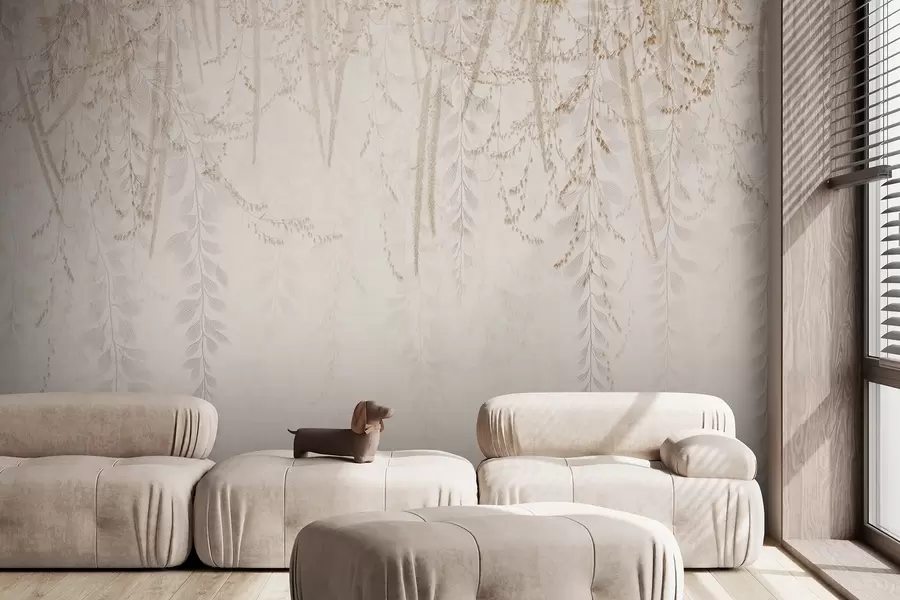 murales de pared Hojas y ramas ligeras colgantes en tonos beige w09433
