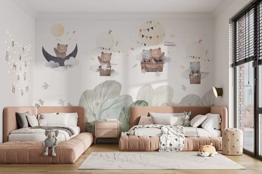 murales de pared Globos estilo acuarela con osos sobre el bosque w09437