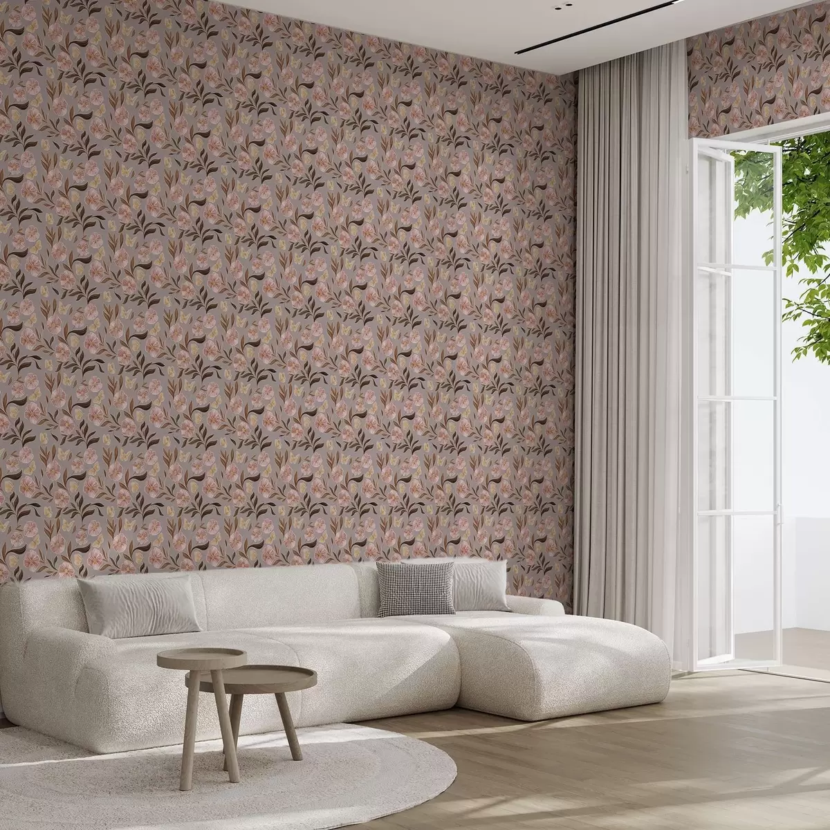 Papel pintado Flores rosas y mariposas sobre un fondo gris-beige a00633