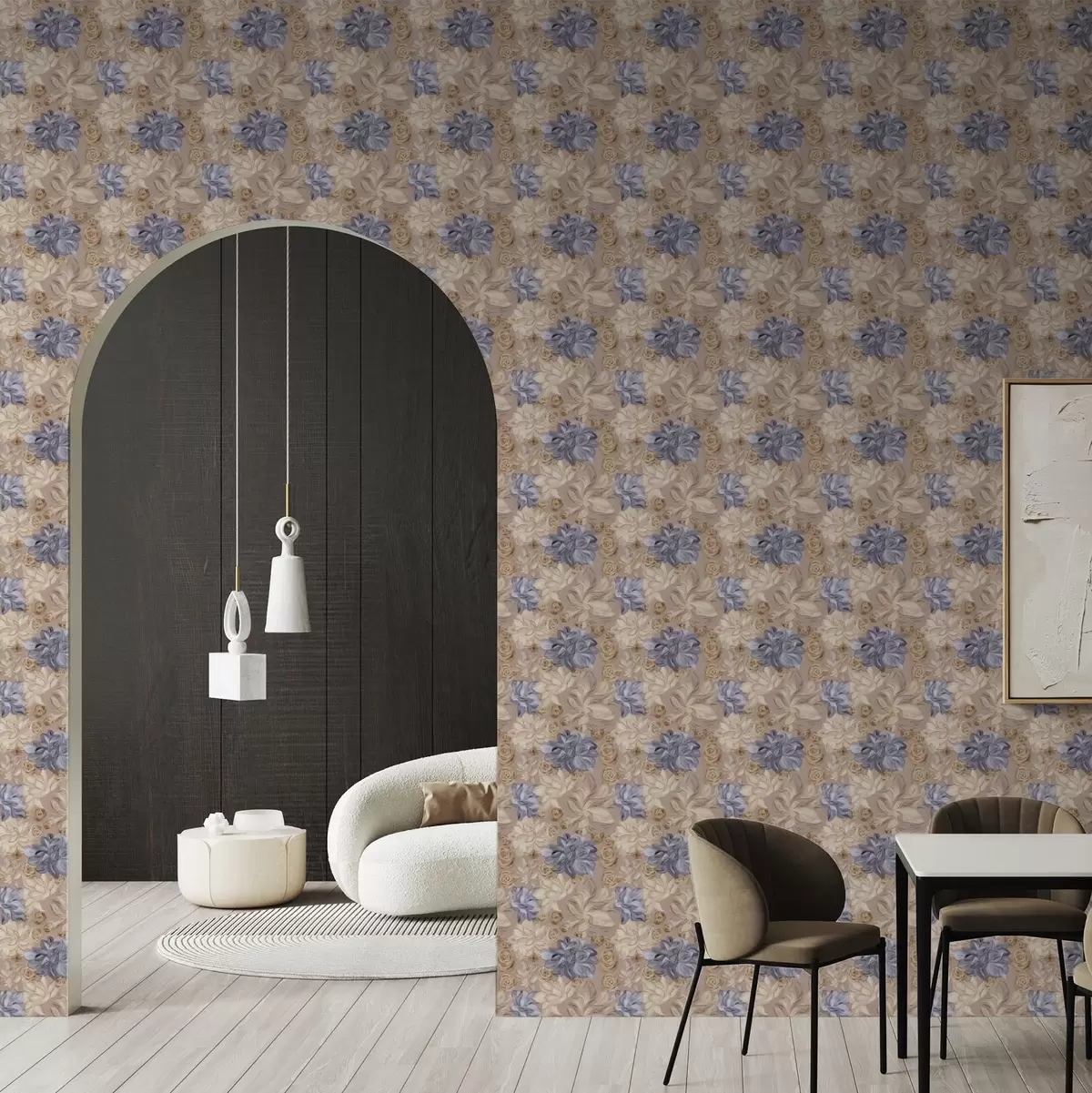 Papel pintado Crema exuberante y flores azules en una paleta de colores pastel a00634