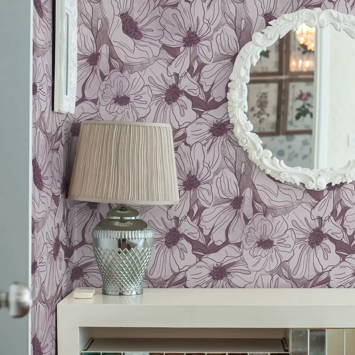 Papel pintado Flores lineales en una fresca paleta de colores lila y rosa a00636v1