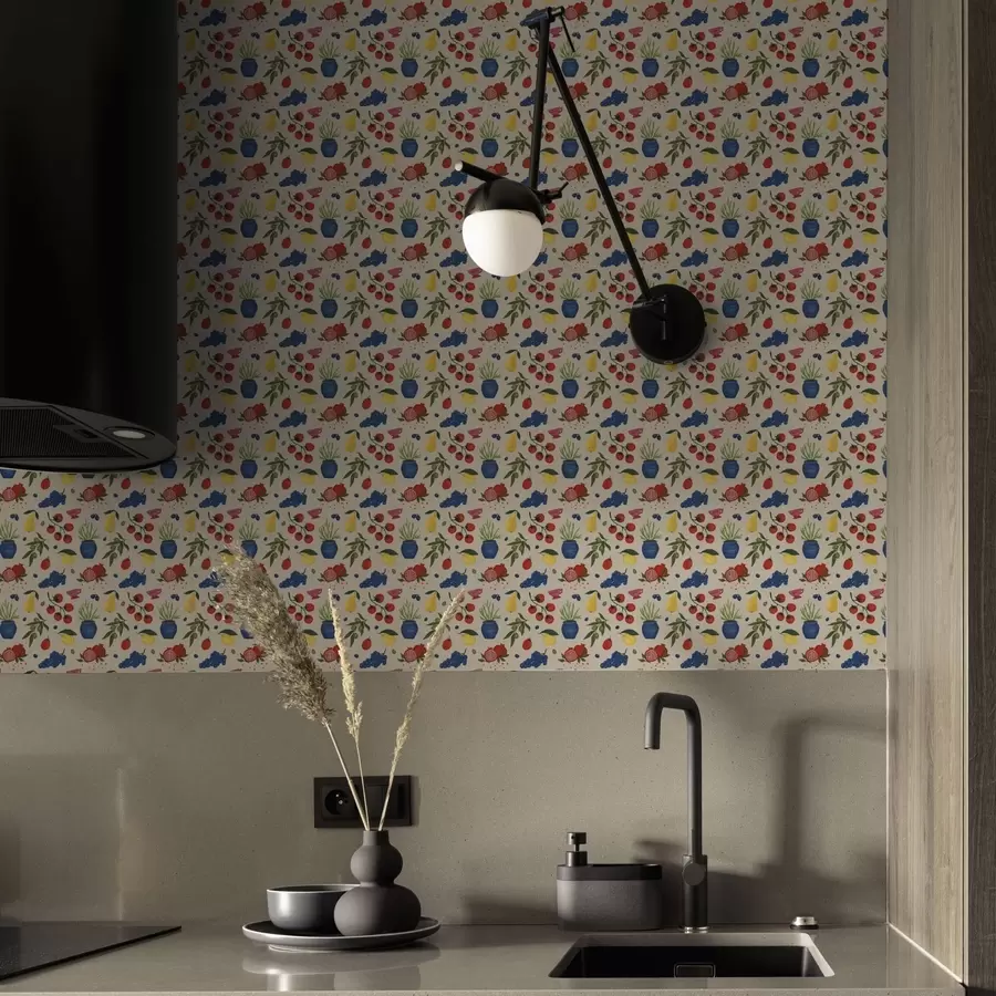 murales de pared Patrón vibrante con frutas, ramas y jarrones a00637