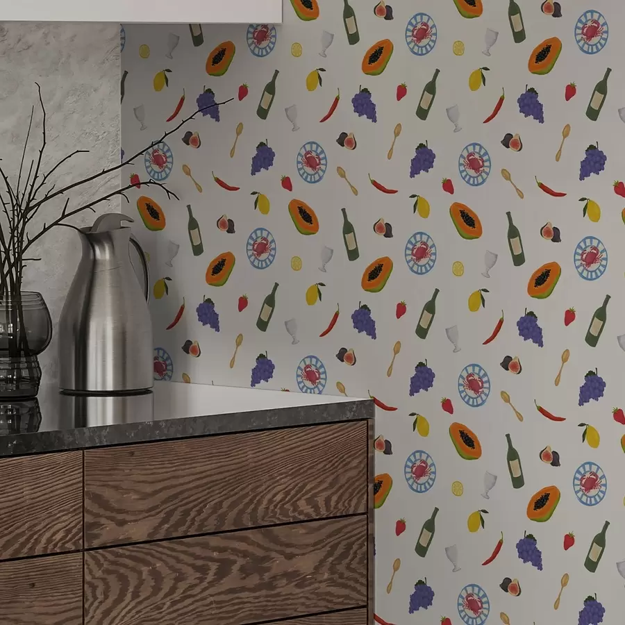 murales de pared Fruta, vino y especias dispuestos sobre un fondo claro a00639