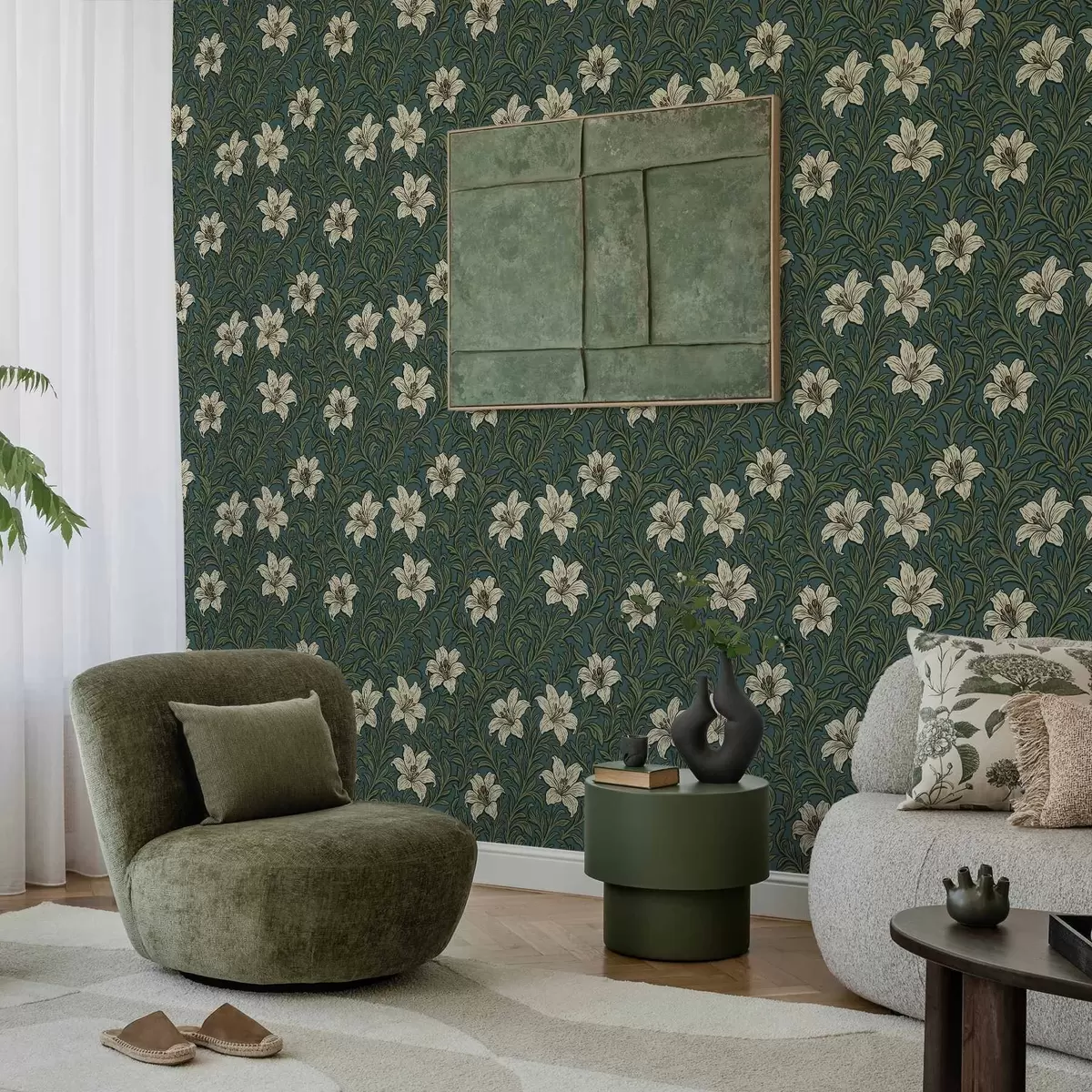 Papel pintado Lirios crema entre una densa vegetación sobre un fondo turquesa a00645