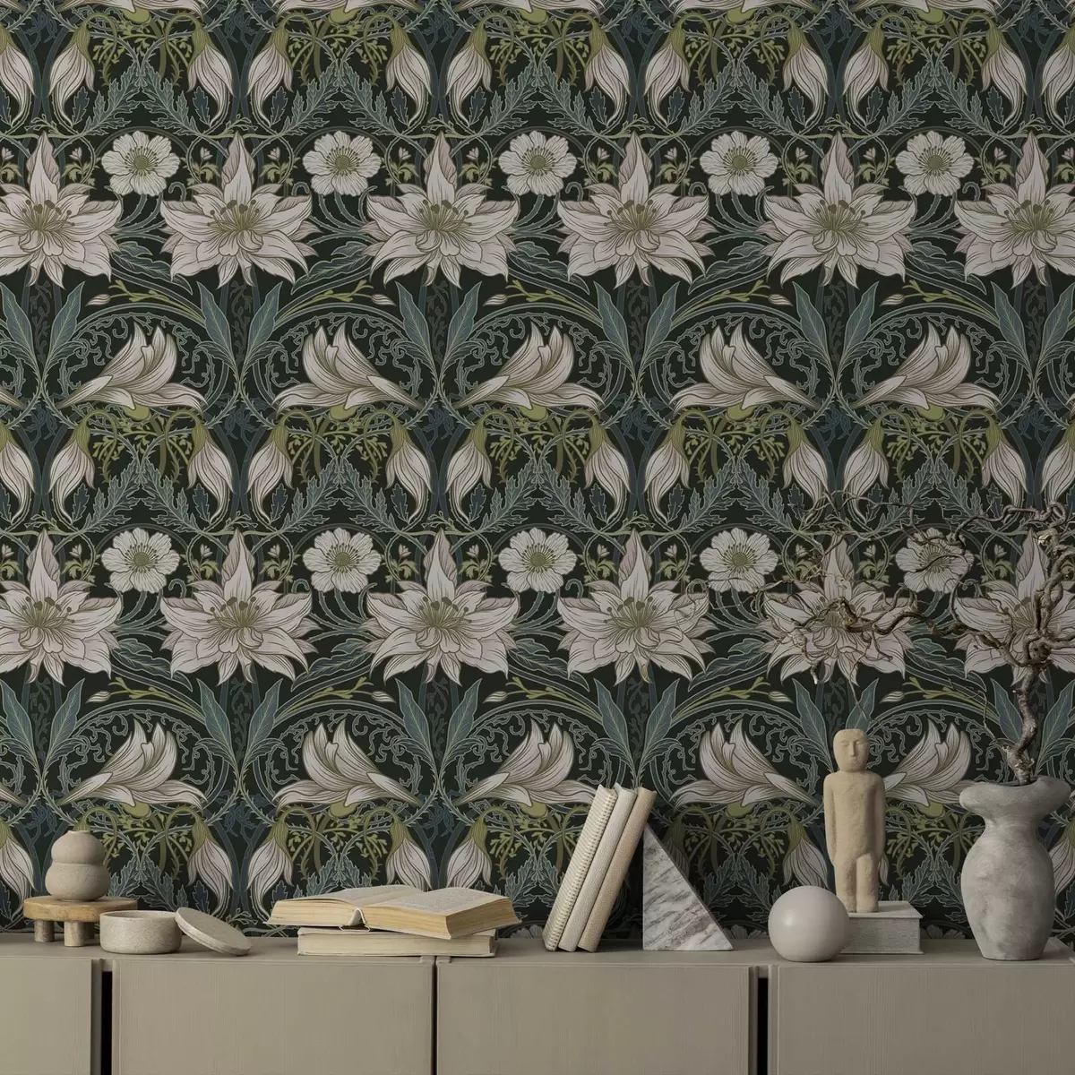 Papel pintado Composición Art Nouveau con lirios sobre fondo oscuro a00696