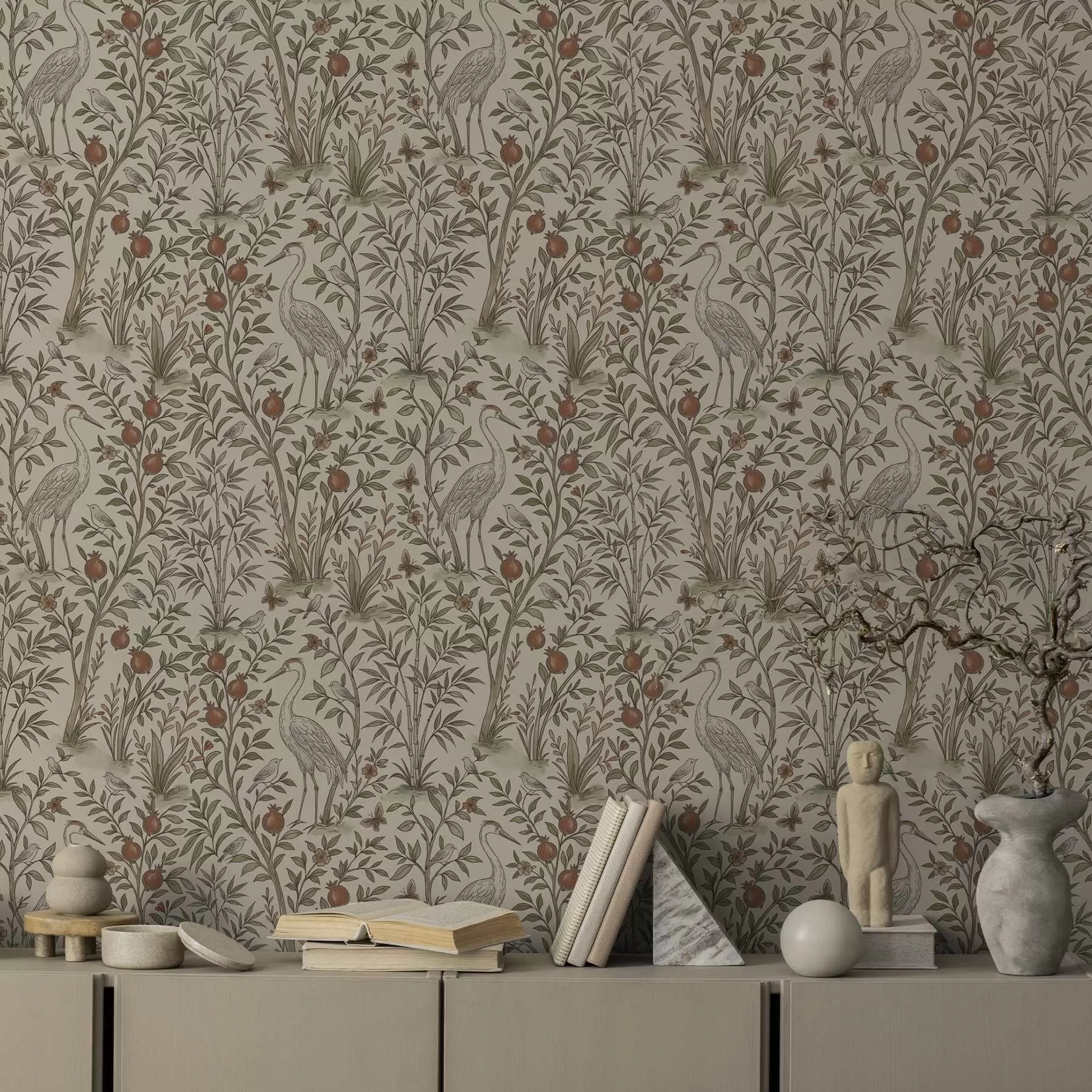 murales de pared Aves entre granados en un entorno natural a00699