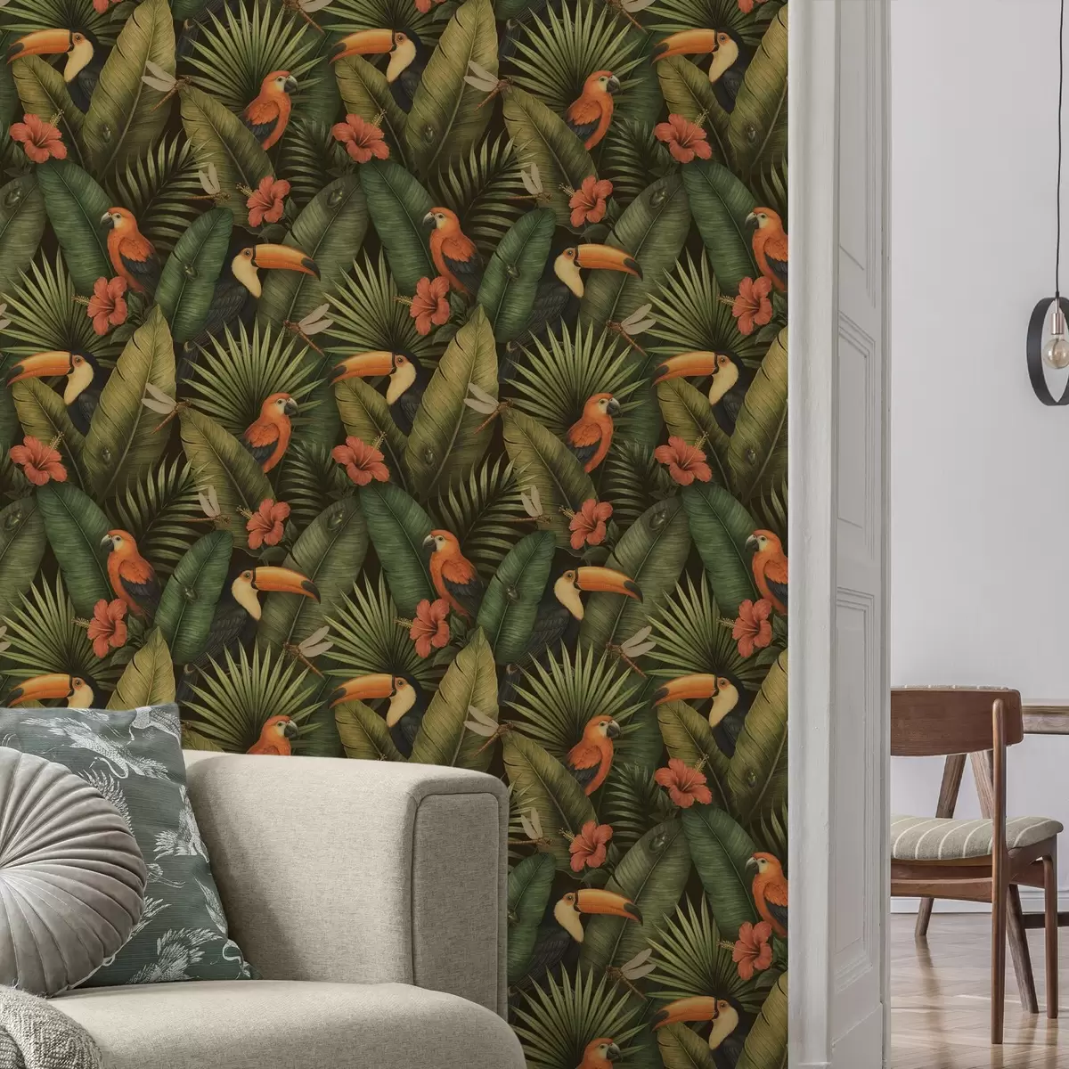 Papel pintado Tucanes y loros entre el follaje y las flores tropicales a00702