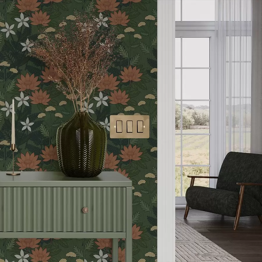 murales de pared Grandes flores entre follaje verde, composición decorativa a00708