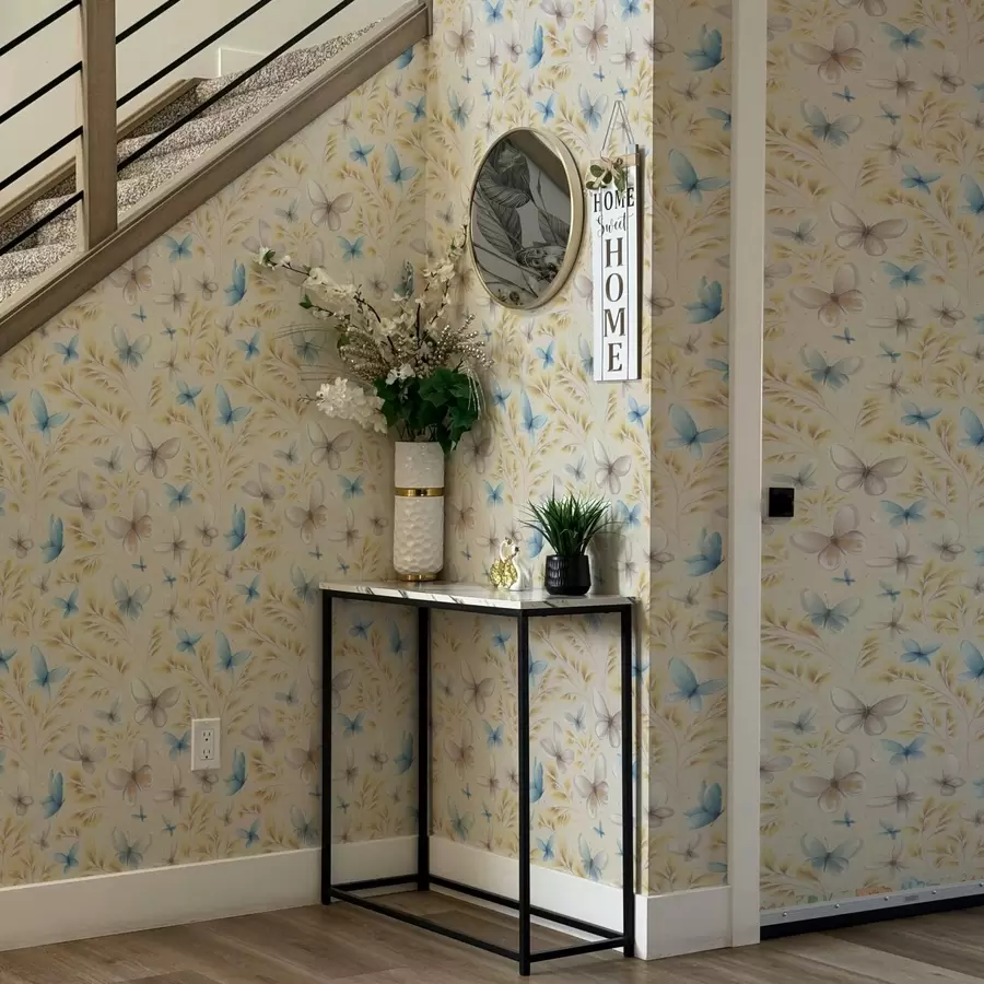 murales de pared Mariposas ligeras entre hojas amarillas sobre un fondo claro. a00795