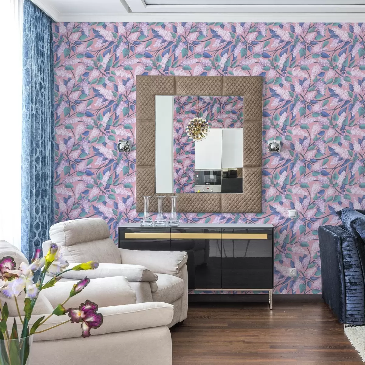 Papel pintado Delicadas flores lilas sobre fondo rosa, ambiente primaveral a00797