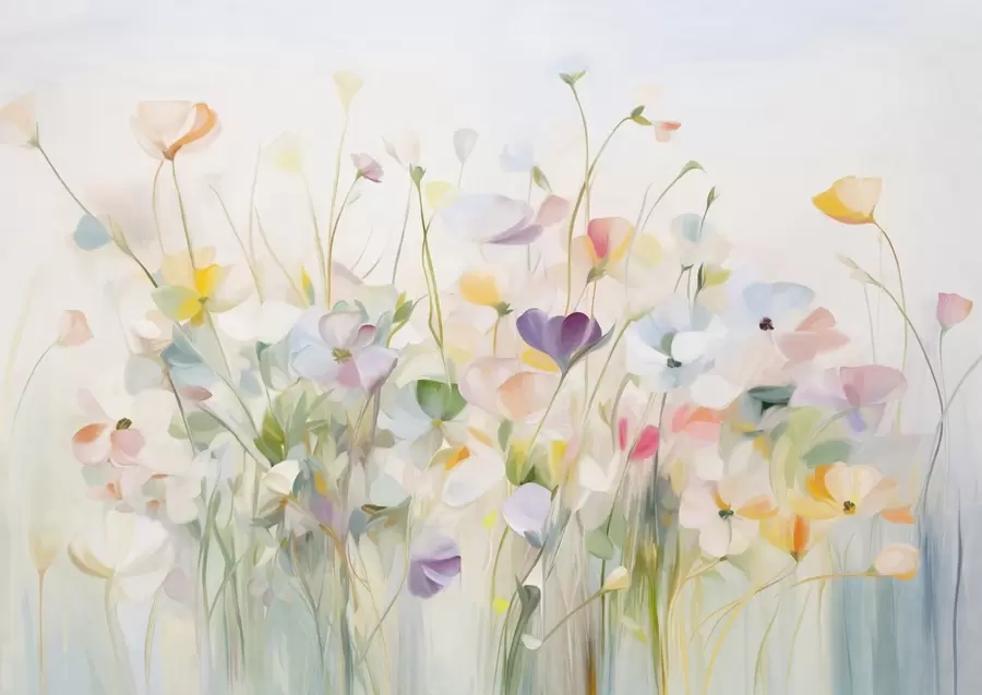 murales de pared Campo abstracto de flores coloridas con tallos largos y hojas verdes, texturizado, colores pastel y claros w09466