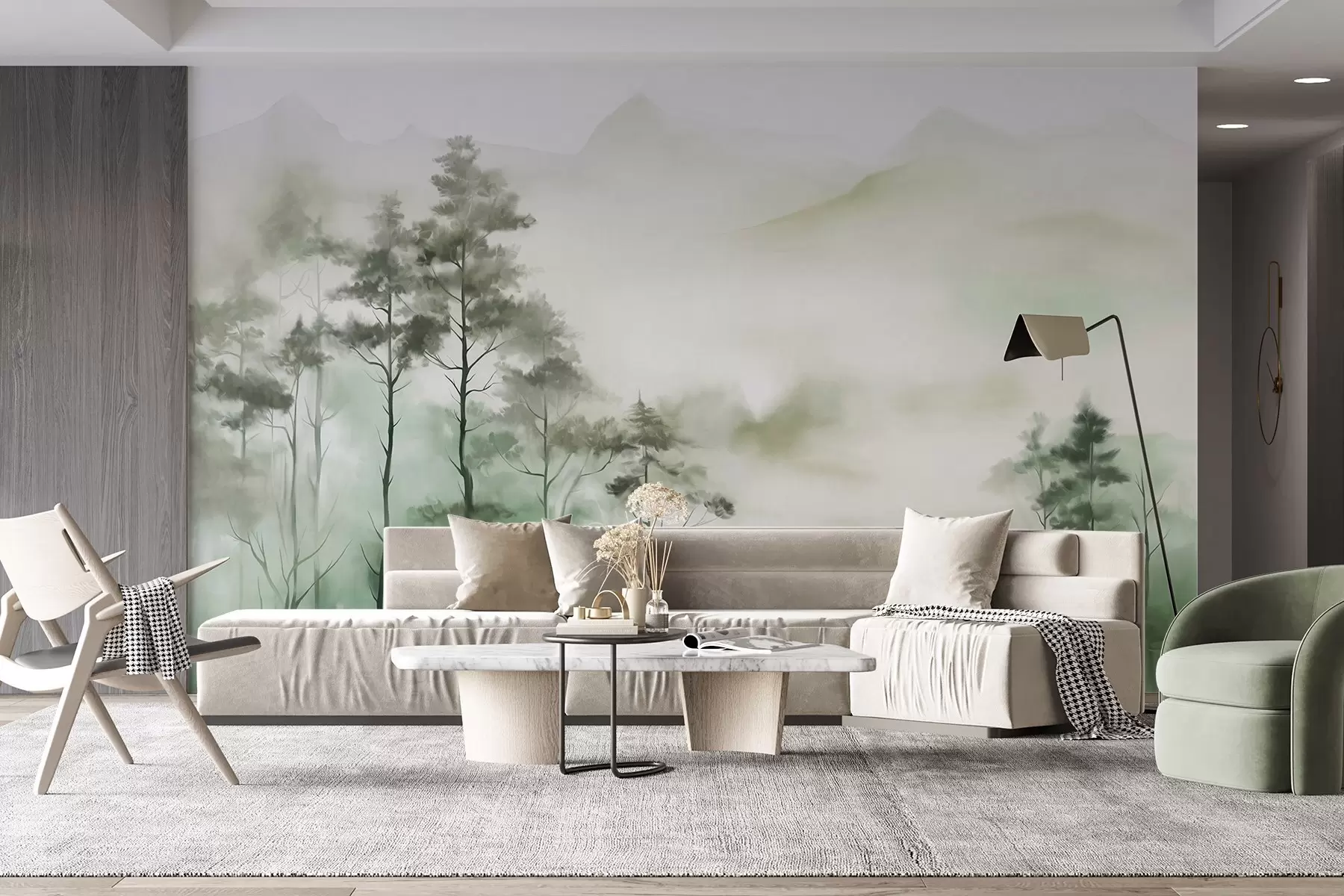 murales de pared Paisaje brumoso con árboles altos y montañas en tonos verdes y grises apagados, estilo minimalista, texturizado w09469
