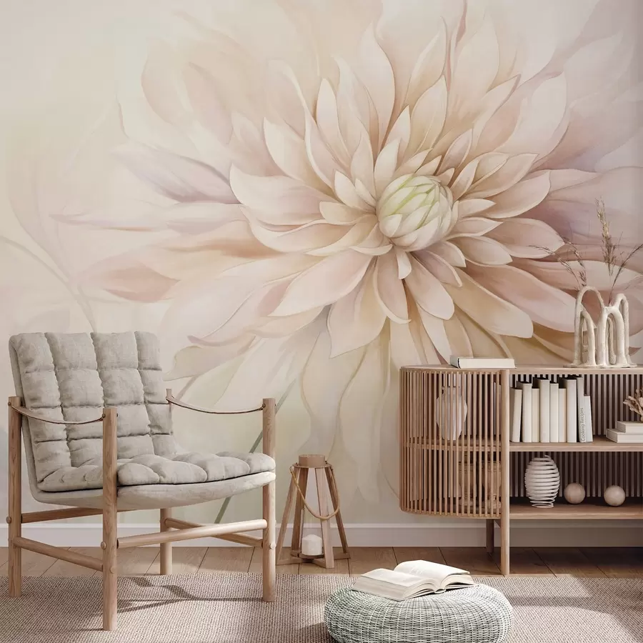 murales de pared Una flor de dalia rosa claro con muchos pétalos, fondo pastel de textura suave con toques de verde y beige w09470