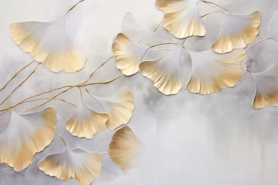 murales de pared Hojas de ginkgo biloba con bordes amarillos en una rama, fondo gris texturizado, diseño elegante y minimalista w09472