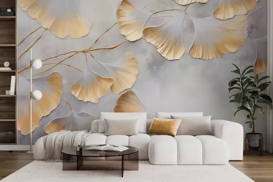 murales de pared Hojas de ginkgo biloba con bordes amarillos en una rama, fondo gris texturizado, diseño elegante y minimalista w09472