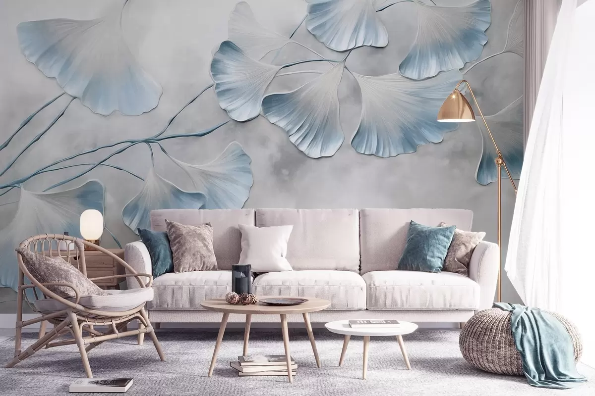 murales de pared Hojas de ginkgo biloba con bordes azules en una rama, fondo gris texturizado, diseño elegante y minimalista w09472v1
