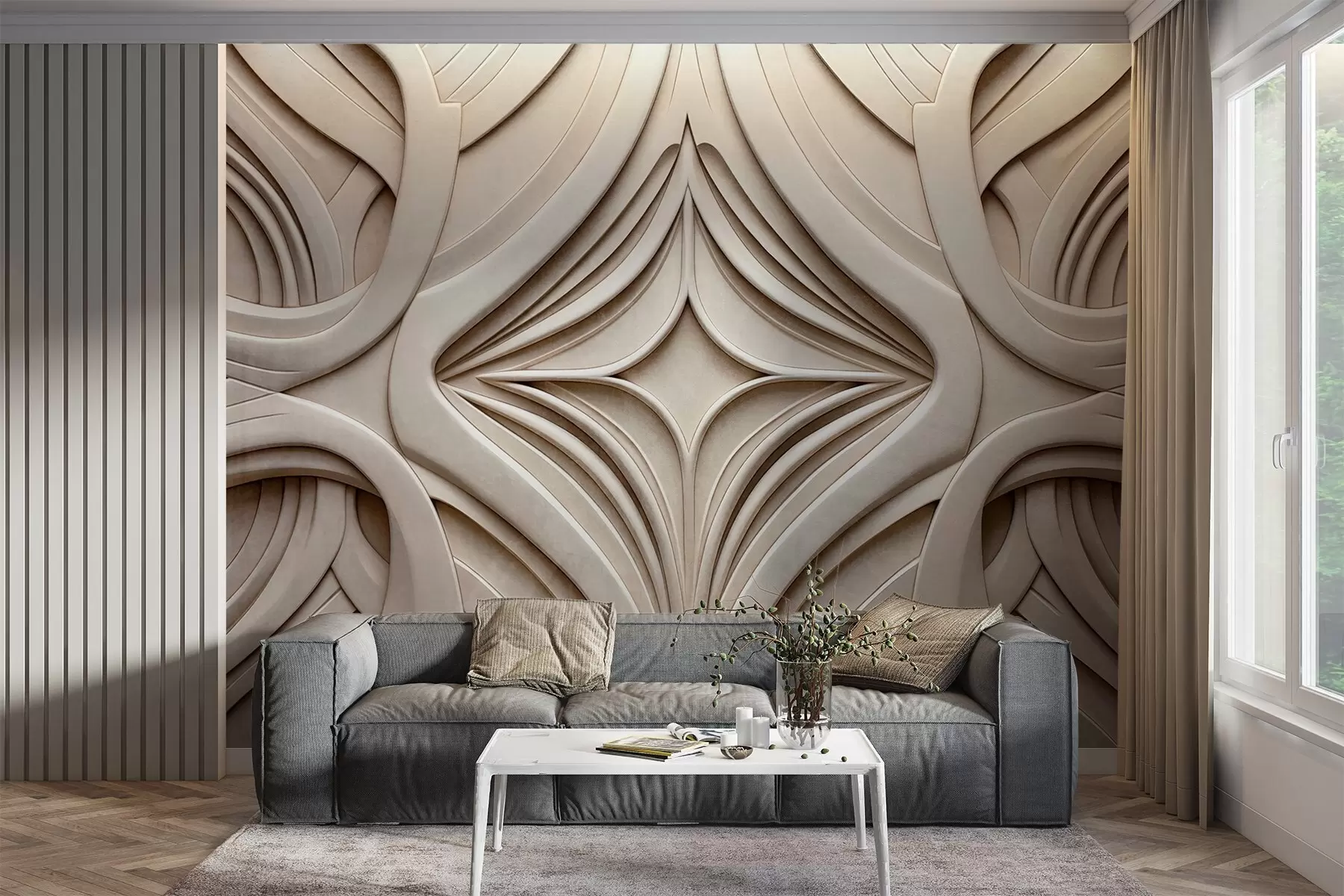 murales de pared Estampado geométrico abstracto simétrico con textura, color beige claro, estilo art déco, detalles intrincados w09473