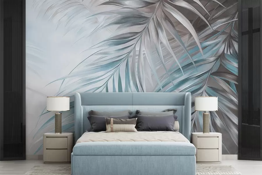 murales de pared Hojas de palmera con tonos grises y azules, fondo con textura ligera y colores suaves, elegante estilo tropical w09475v1