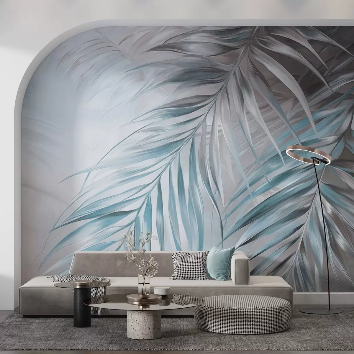 murales de pared Hojas de palmera con tonos grises y azules, fondo con textura ligera y colores suaves, elegante estilo tropical w09475v1